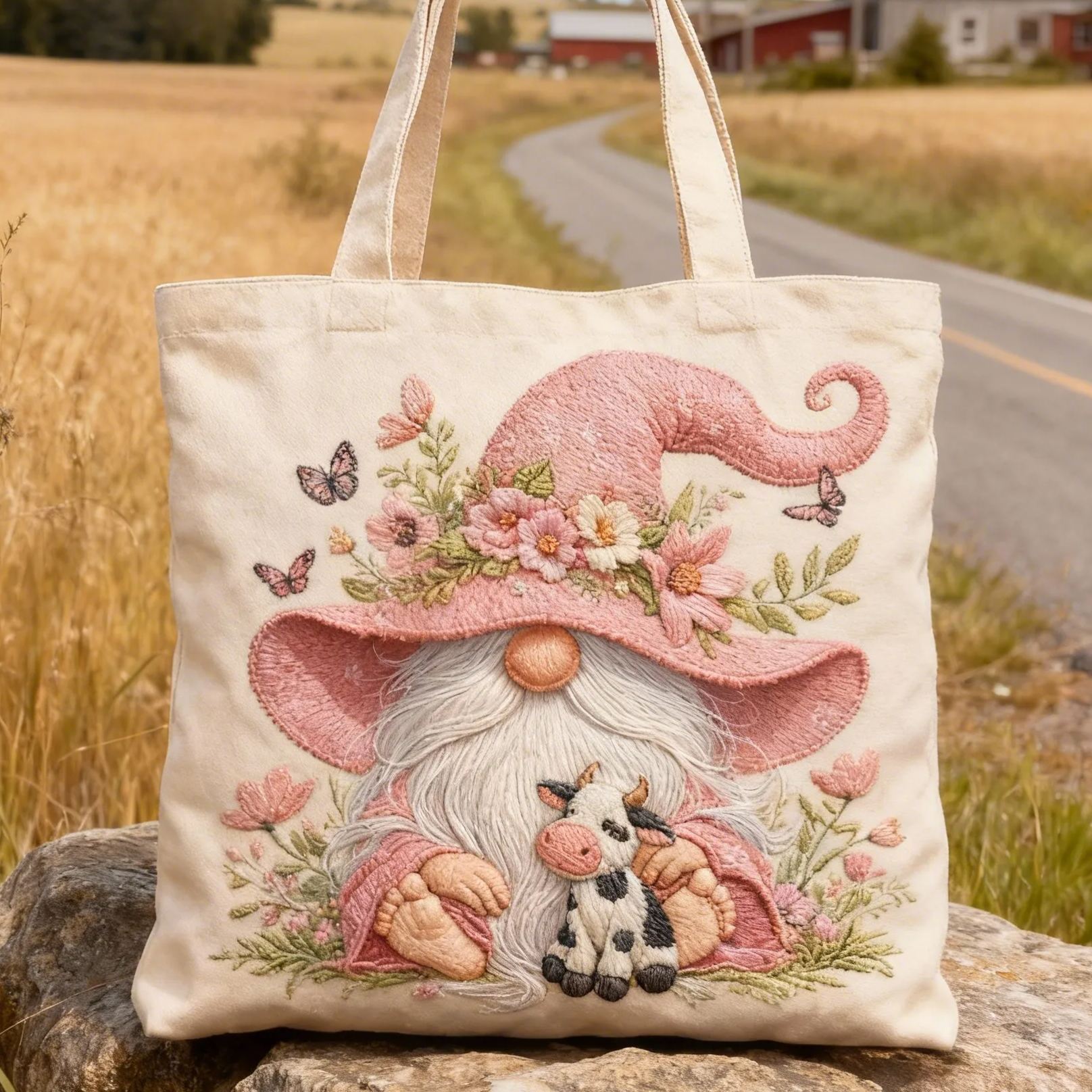 Pink Gnome & Mini Cow Floral 3D Embroidery Canvas Tote Bag