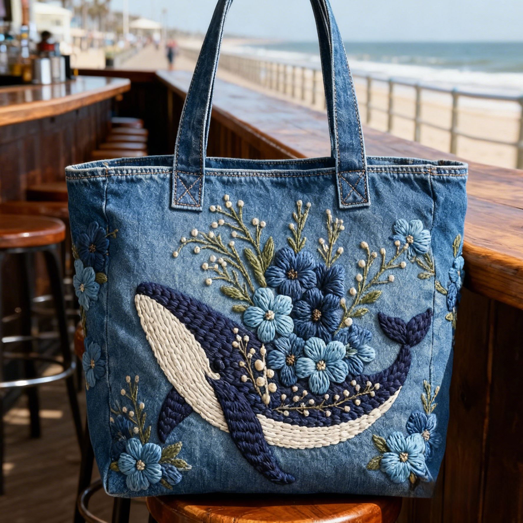 Whale & Blue Floral 3D Embroidery Denim Tote Bag