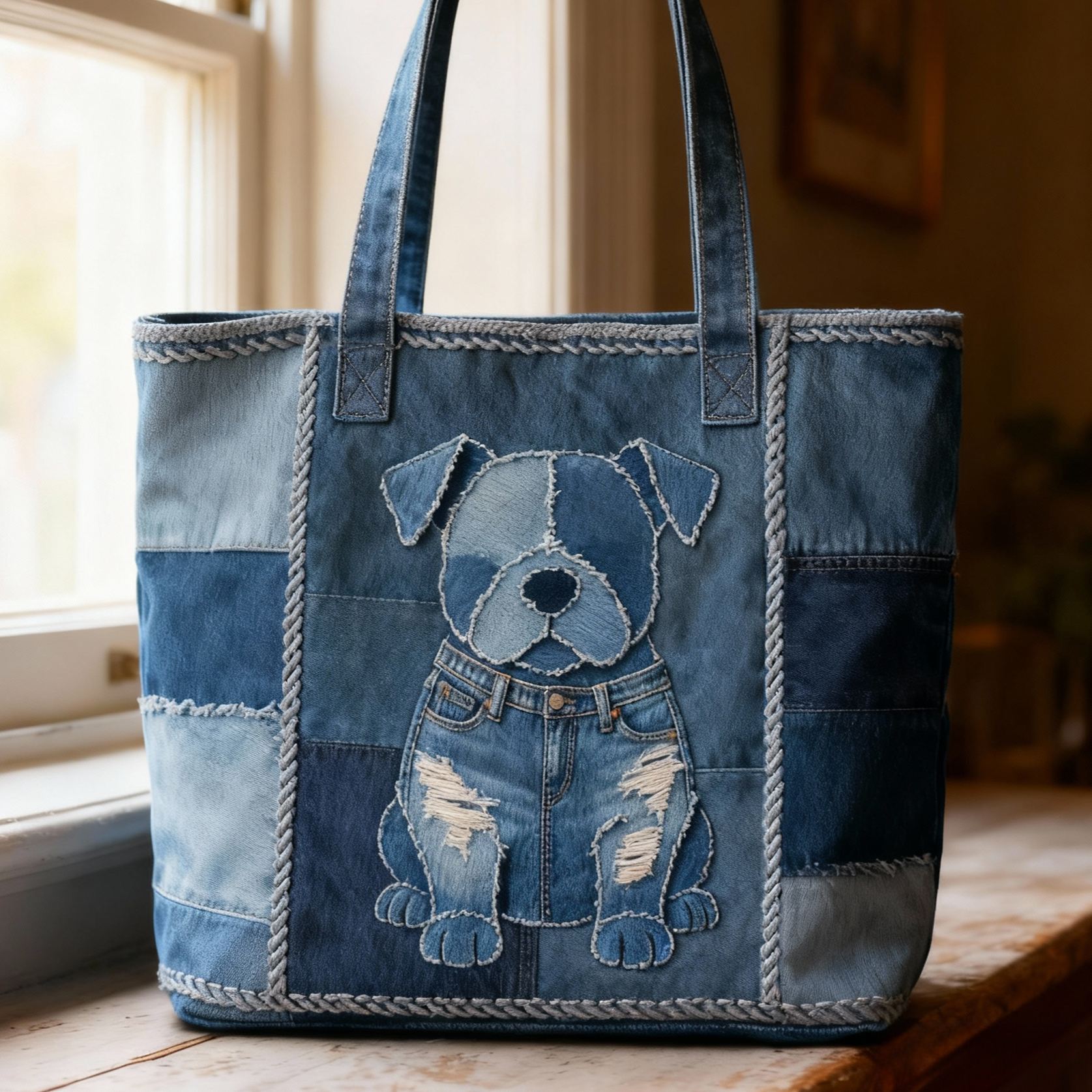Vintage Bulldog 3D Embroidery Patchwork Denim Tote Bag