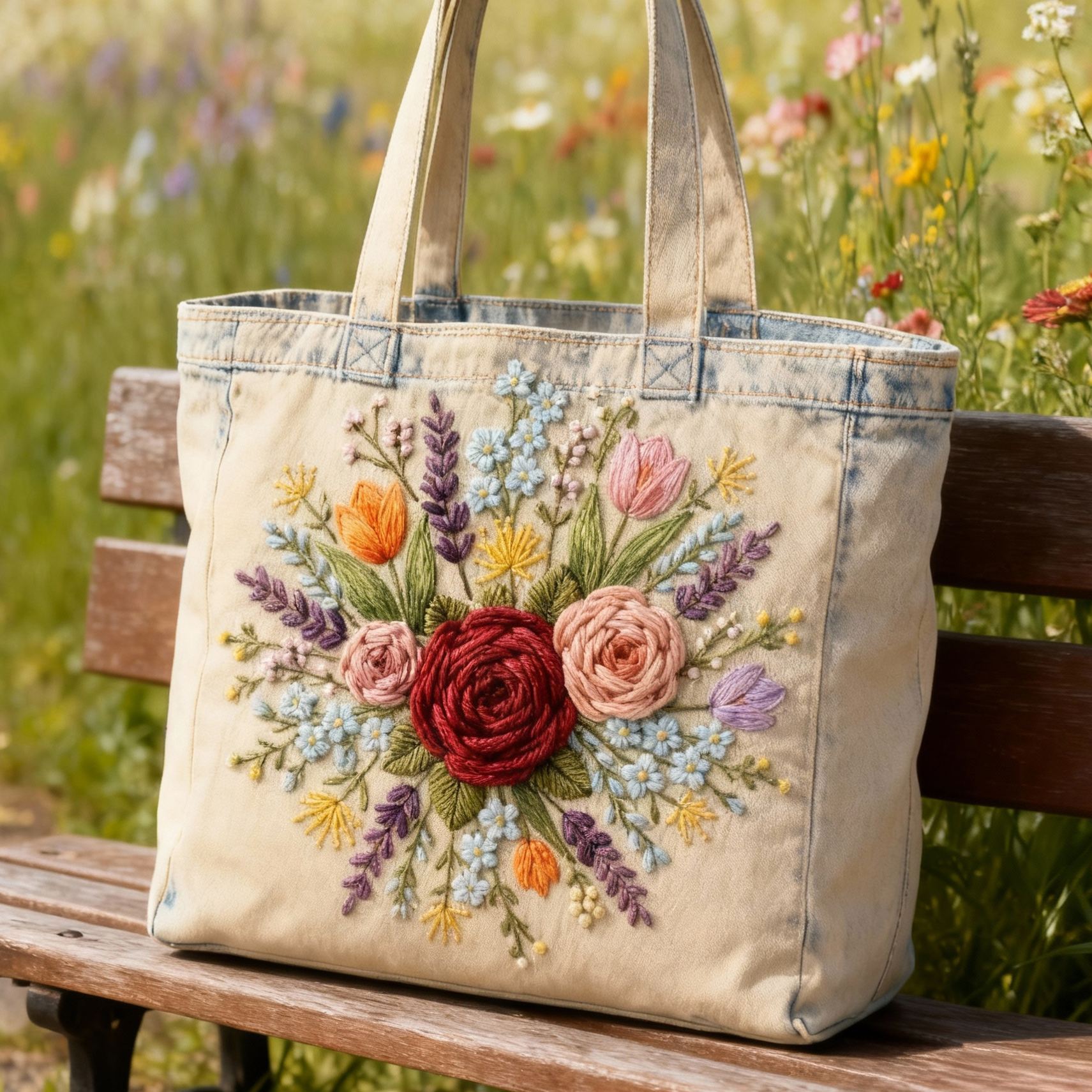 Vintage Floral 3D Embroidery Denim Tote Bag