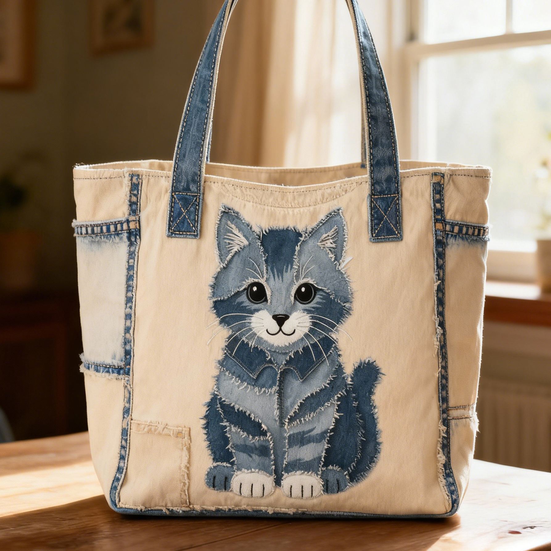 Cute Blue Gray Cat 3D Embroidery Denim Patchwork Tote Bag