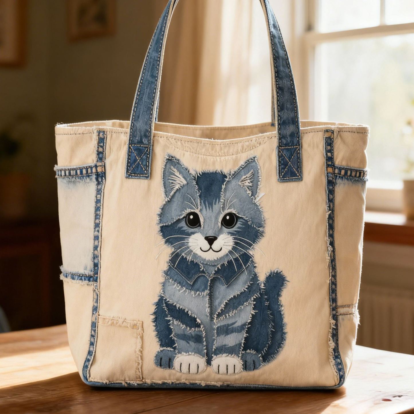Cute Blue Gray Cat 3D Embroidery Denim Patchwork Tote Bag