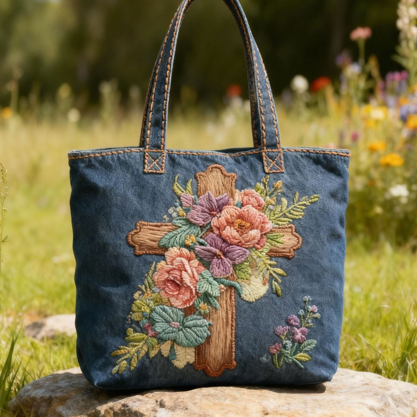 Christian Floral Cross 3D Embroidery Denim Tote Bag