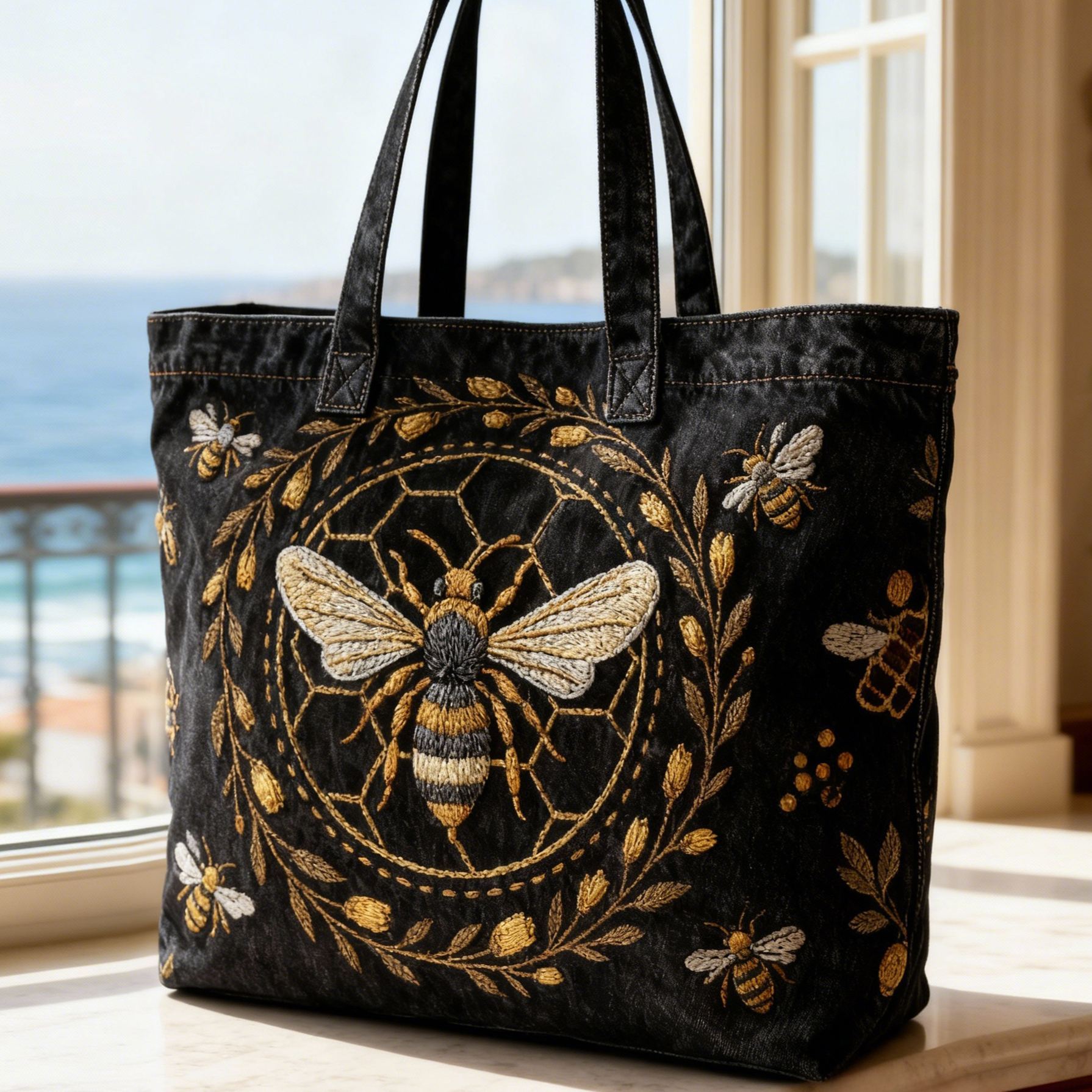 Vintage Bumble Bee & Honeycomb 3D Embroidery Denim Tote Bag