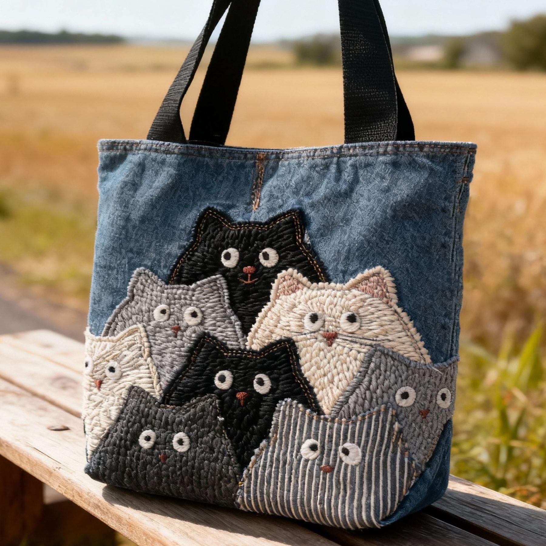 Cute Cat 3D Embroidery Denim Tote Bag