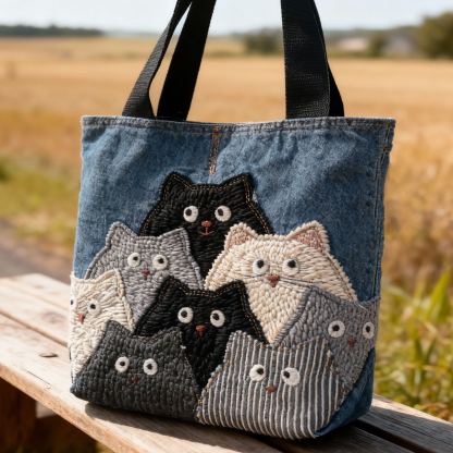 Cute Cat 3D Embroidery Denim Tote Bag