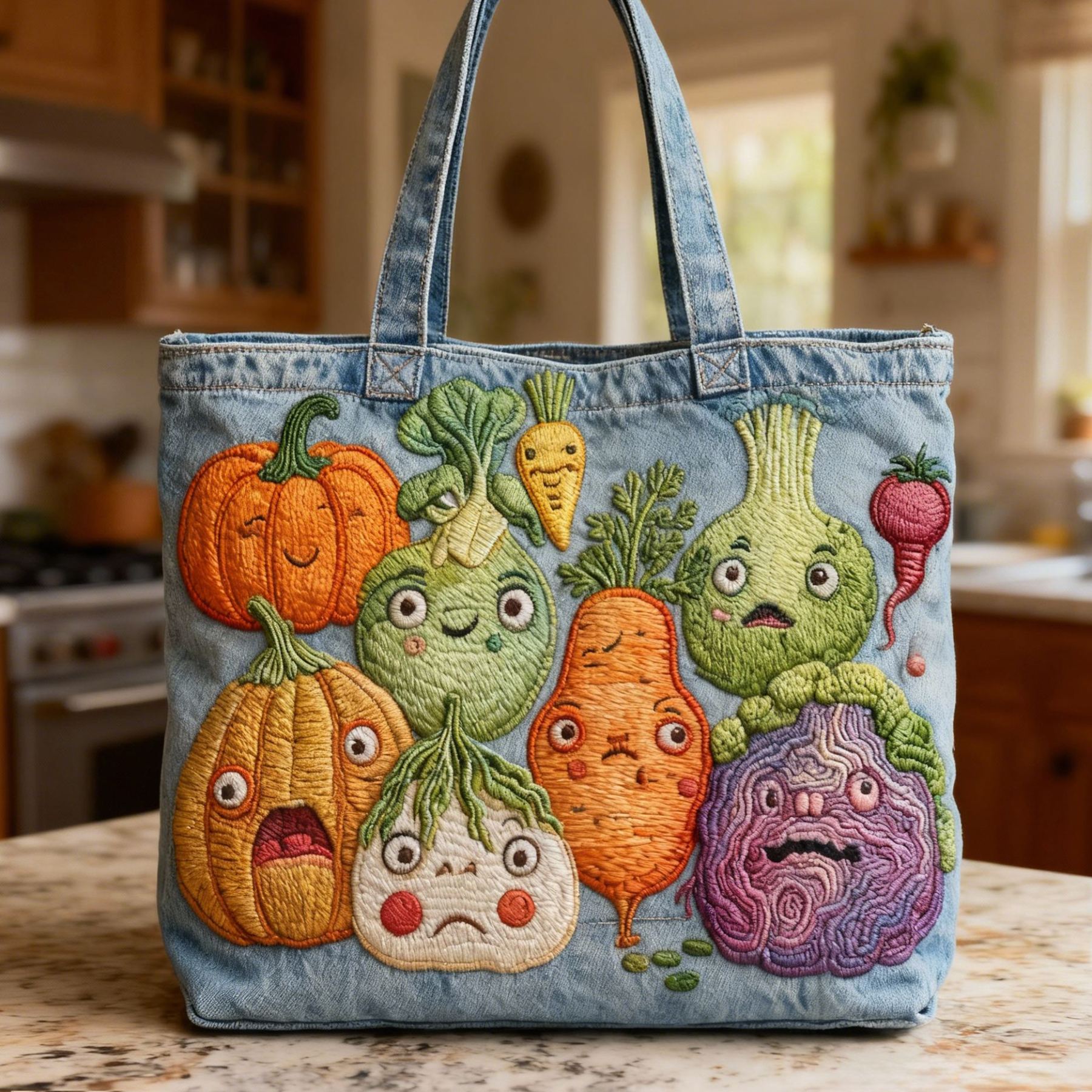 Funny Grumpy Vegetables 3D Embroidery Denim Tote Bag