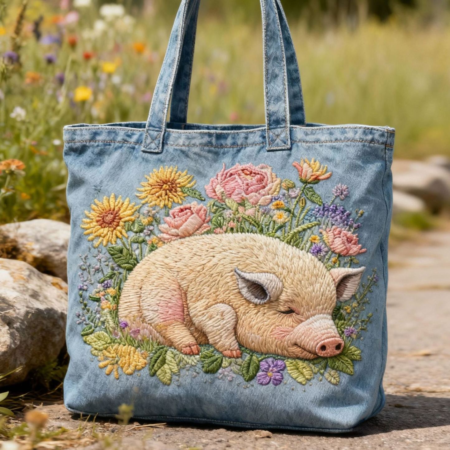 Sleeping Pig & Floral 3D Embroidery Denim Tote Bag