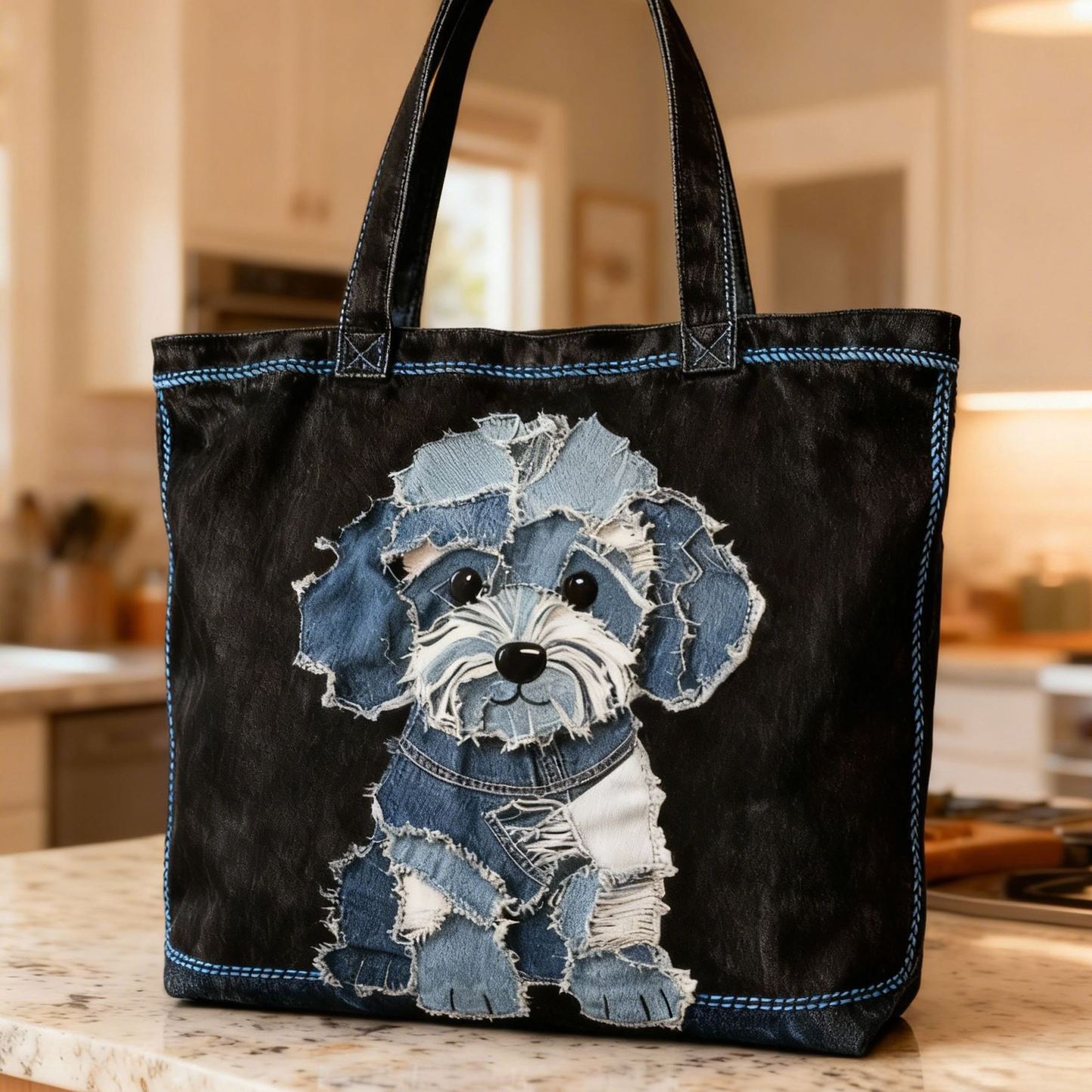 Cute Puppy 3D Embroidery Denim Patchwork Tote Bag