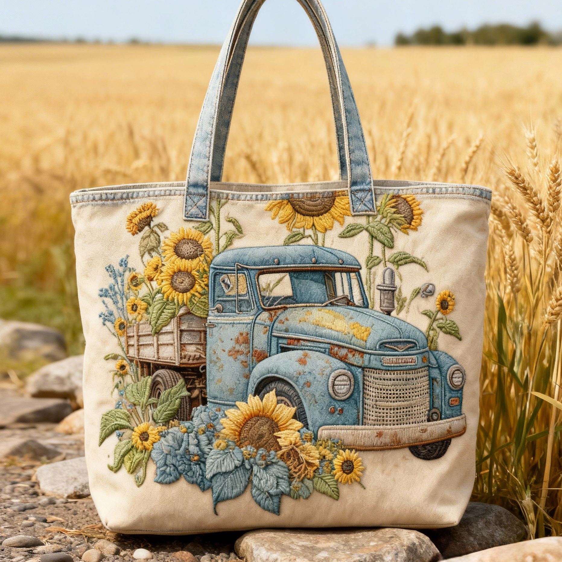 Vintage Truck & Sunflower 3D Embroidery Wash Denim Tote Bag