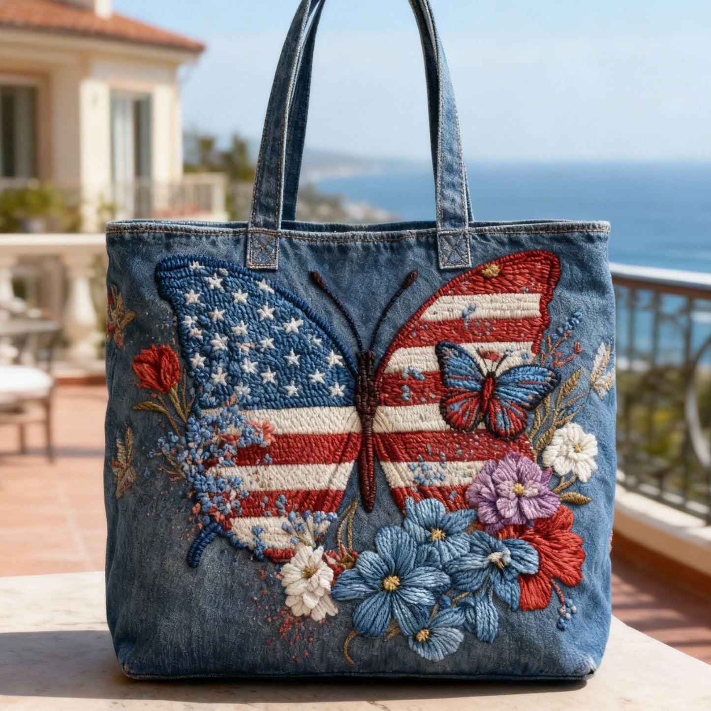 Patriotic American Flag Butterfly 3D Embroidery Denim Tote Bag
