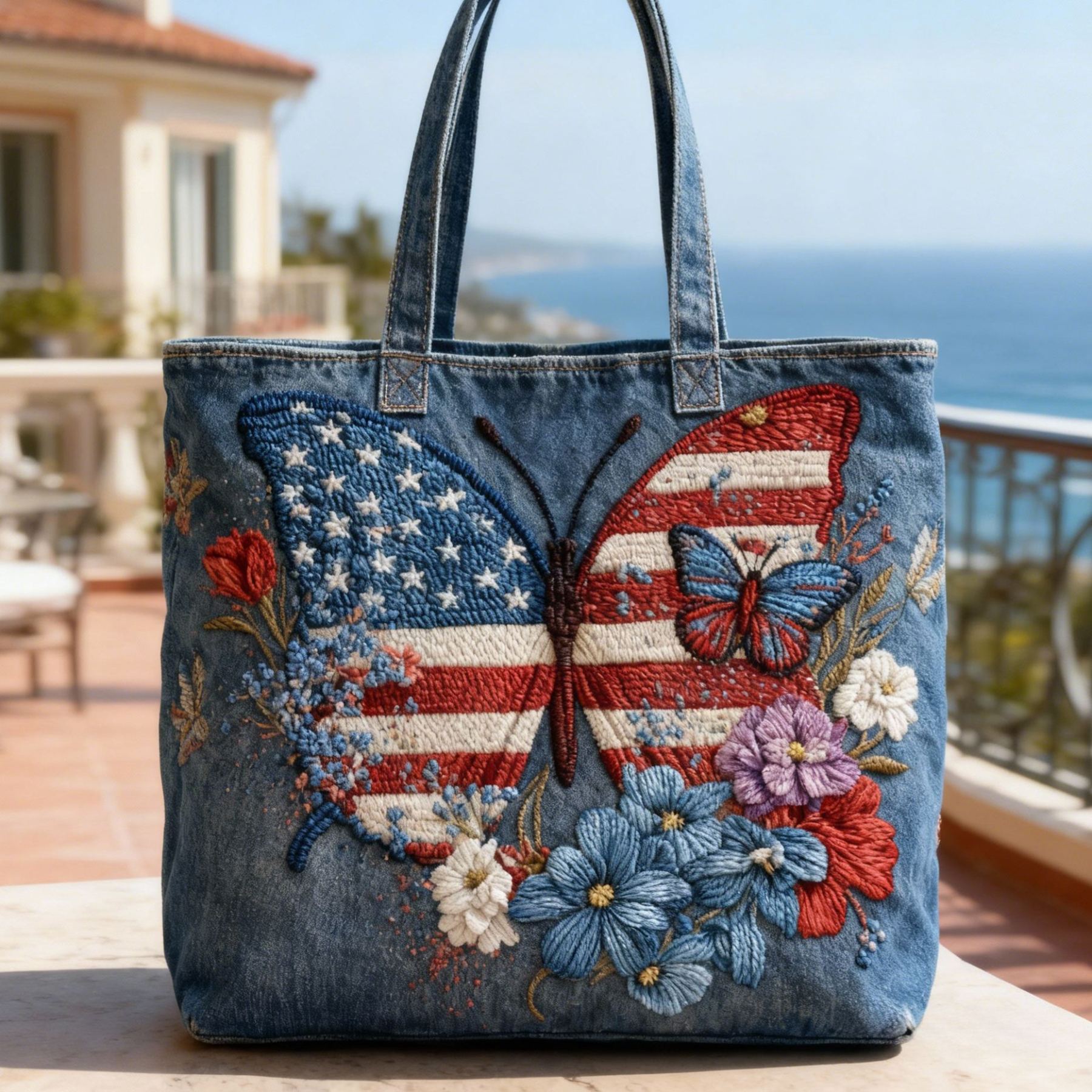 Patriotic American Flag Butterfly 3D Embroidery Denim Tote Bag