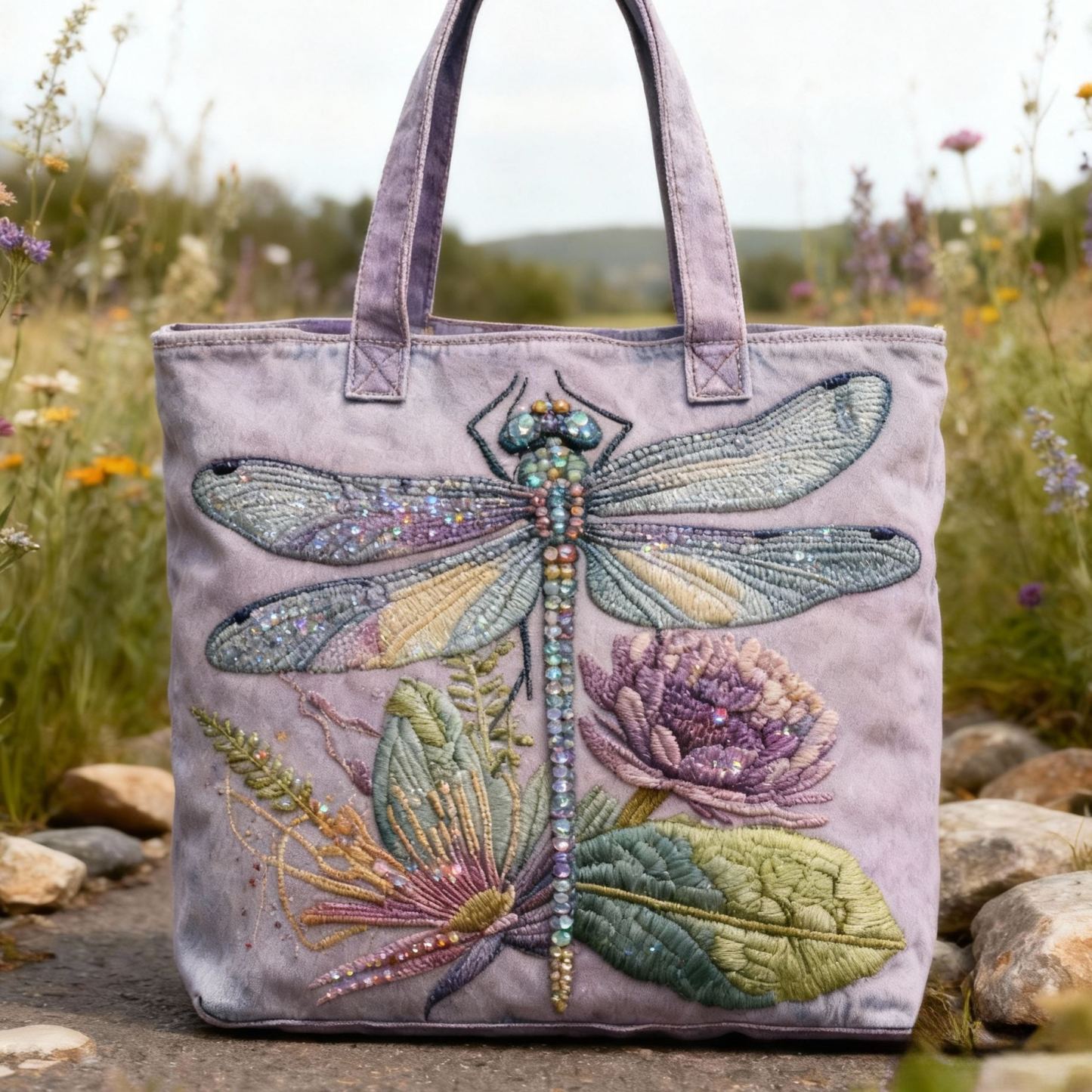 Sparkly Dragonfly & Floral 3D Embroidery Denim Tote Bag