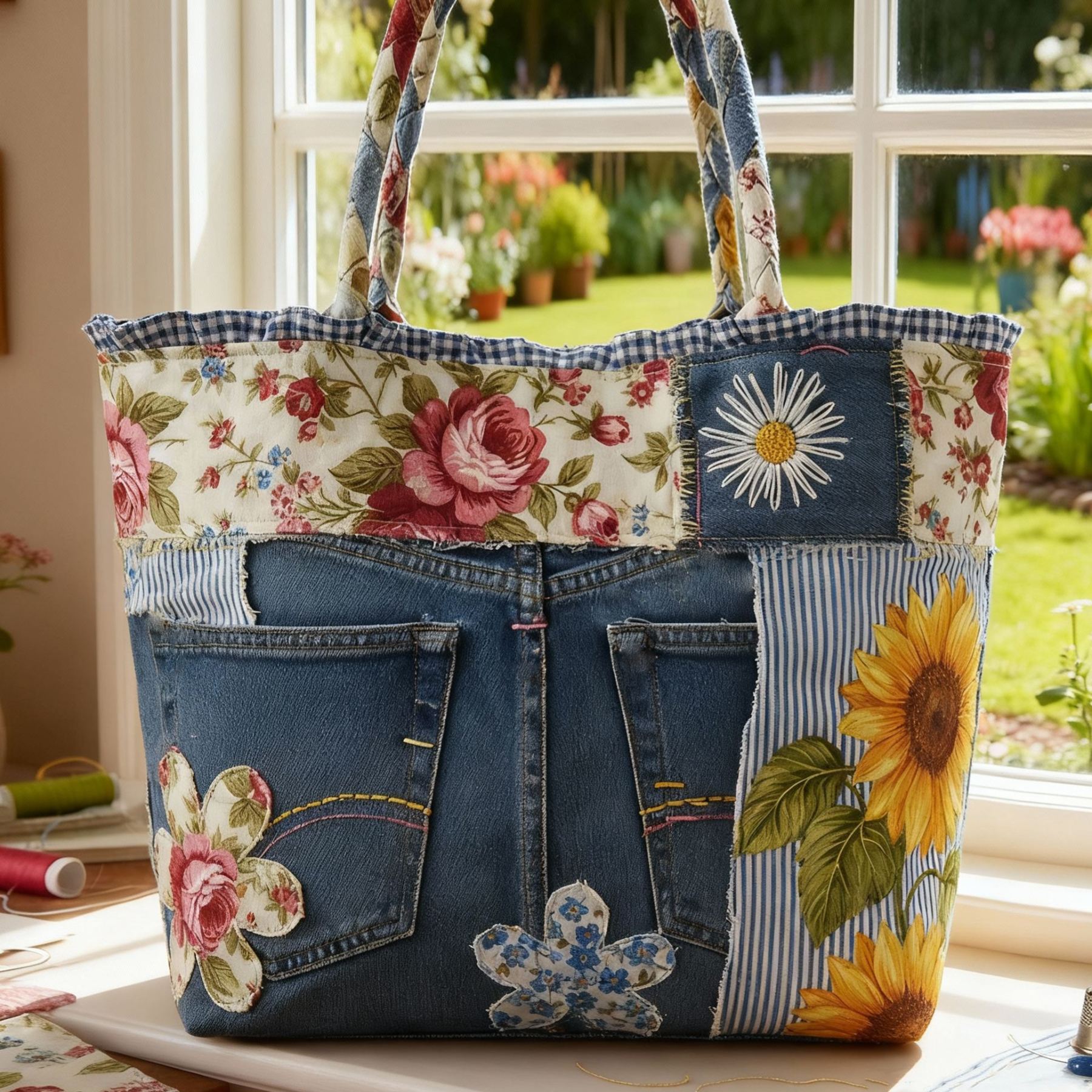  Vintage Rose & Sunflower Embroidery Denim Patchwork Tote Bag