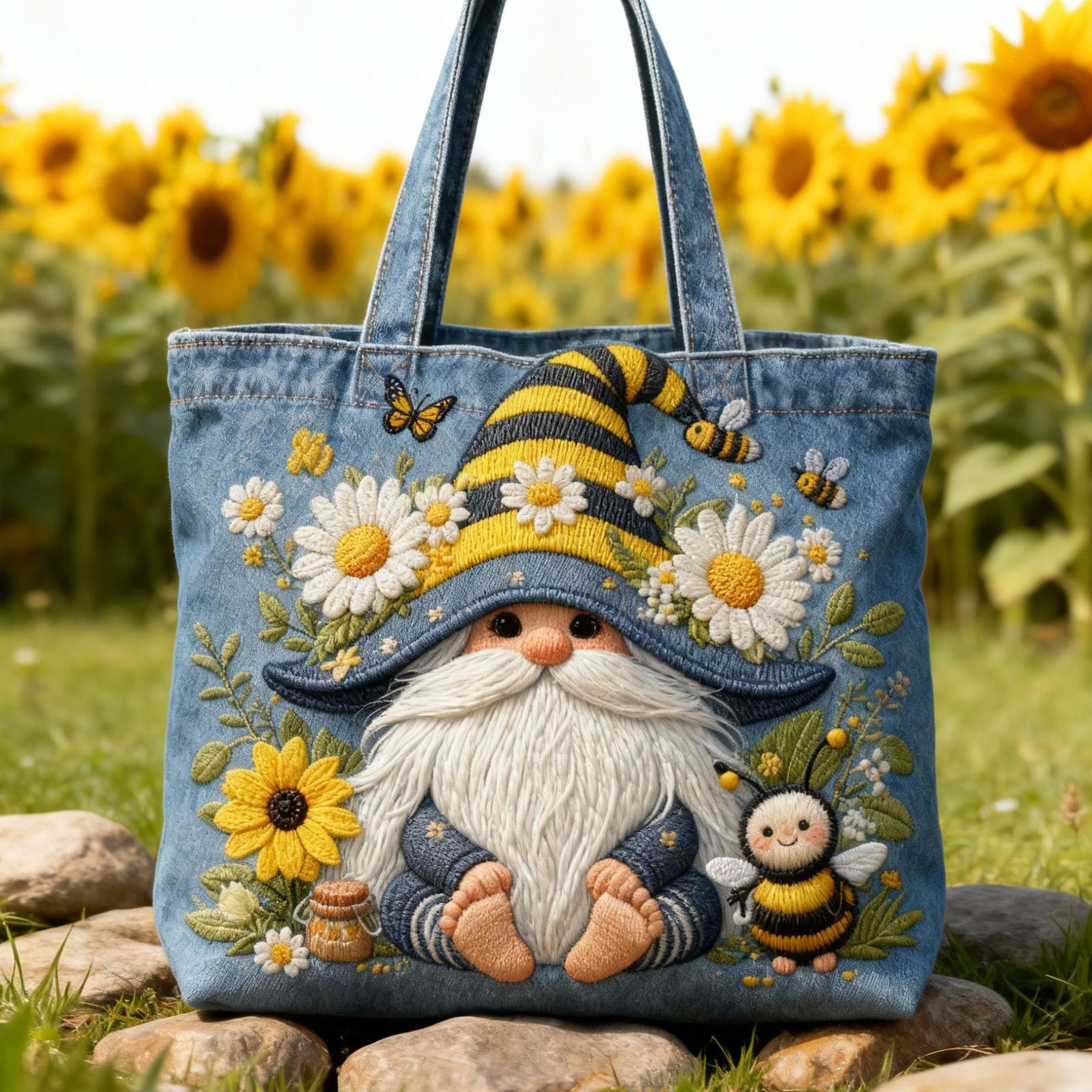 Gnome & Bee Sunflower 3D Embroidery Denim Tote Bag