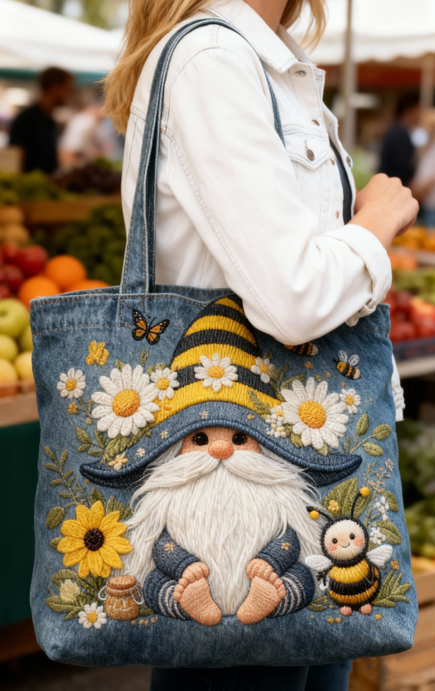 Gnome & Bee Sunflower 3D Embroidery Denim Tote Bag