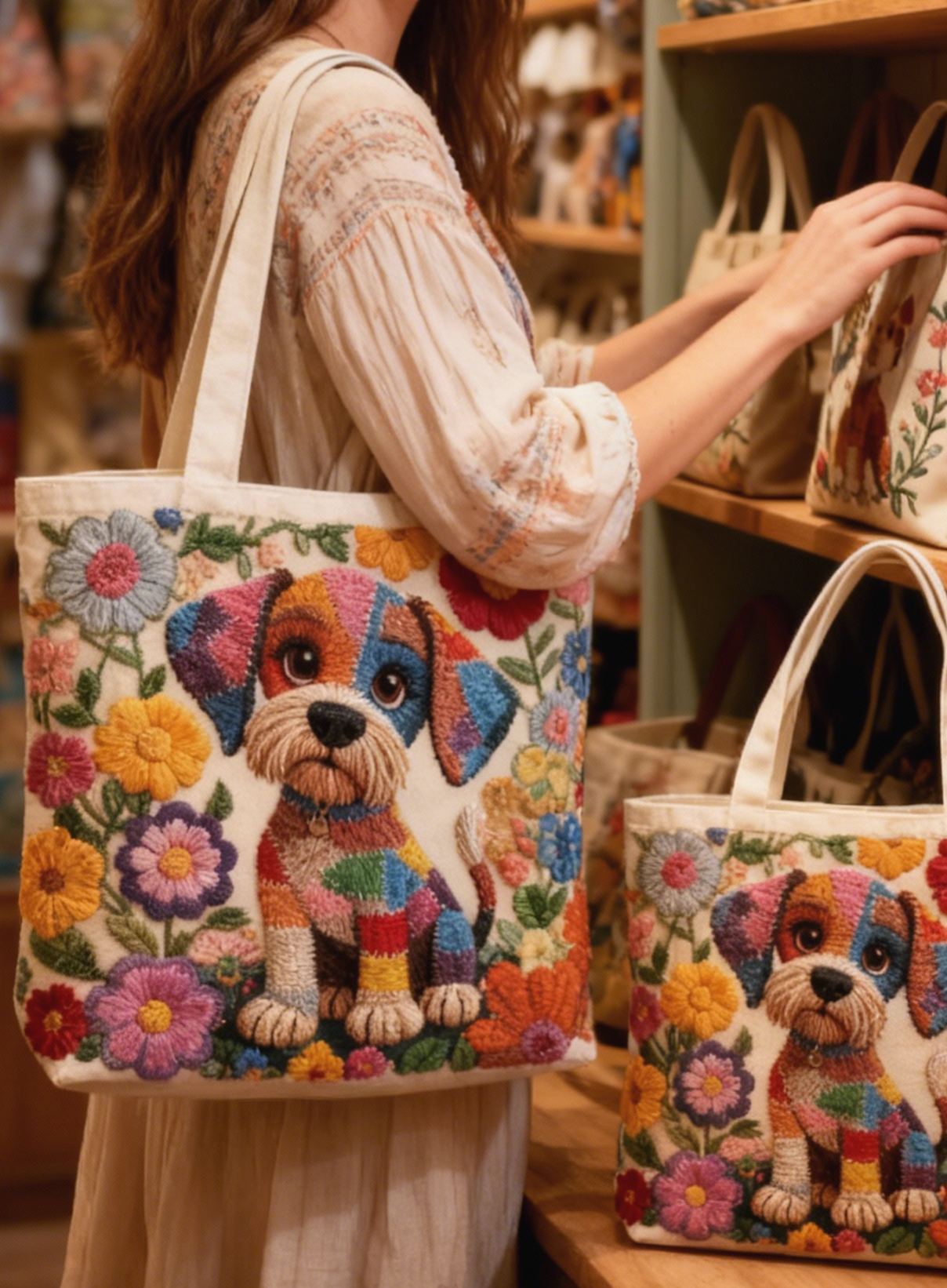 Whimsical Colorful Puppy Floral Handcrafted 3D Embroidery Canvas Tote Bag 