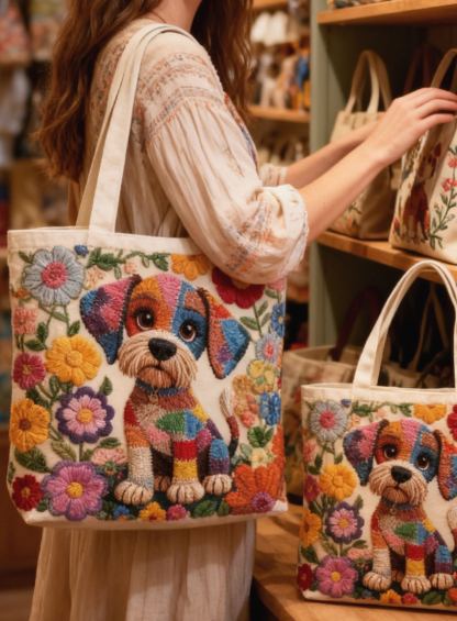 Whimsical Colorful Puppy Floral Handcrafted 3D Embroidery Canvas Tote Bag 