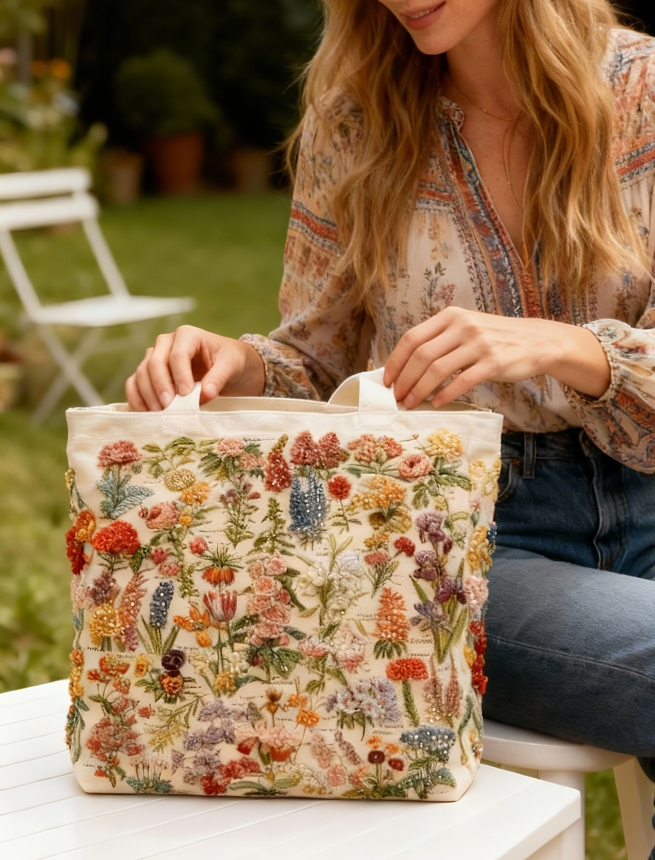 Vintage Botanical Floral Handcrafted 3D Embroidery Beaded Canvas Tote Bag 