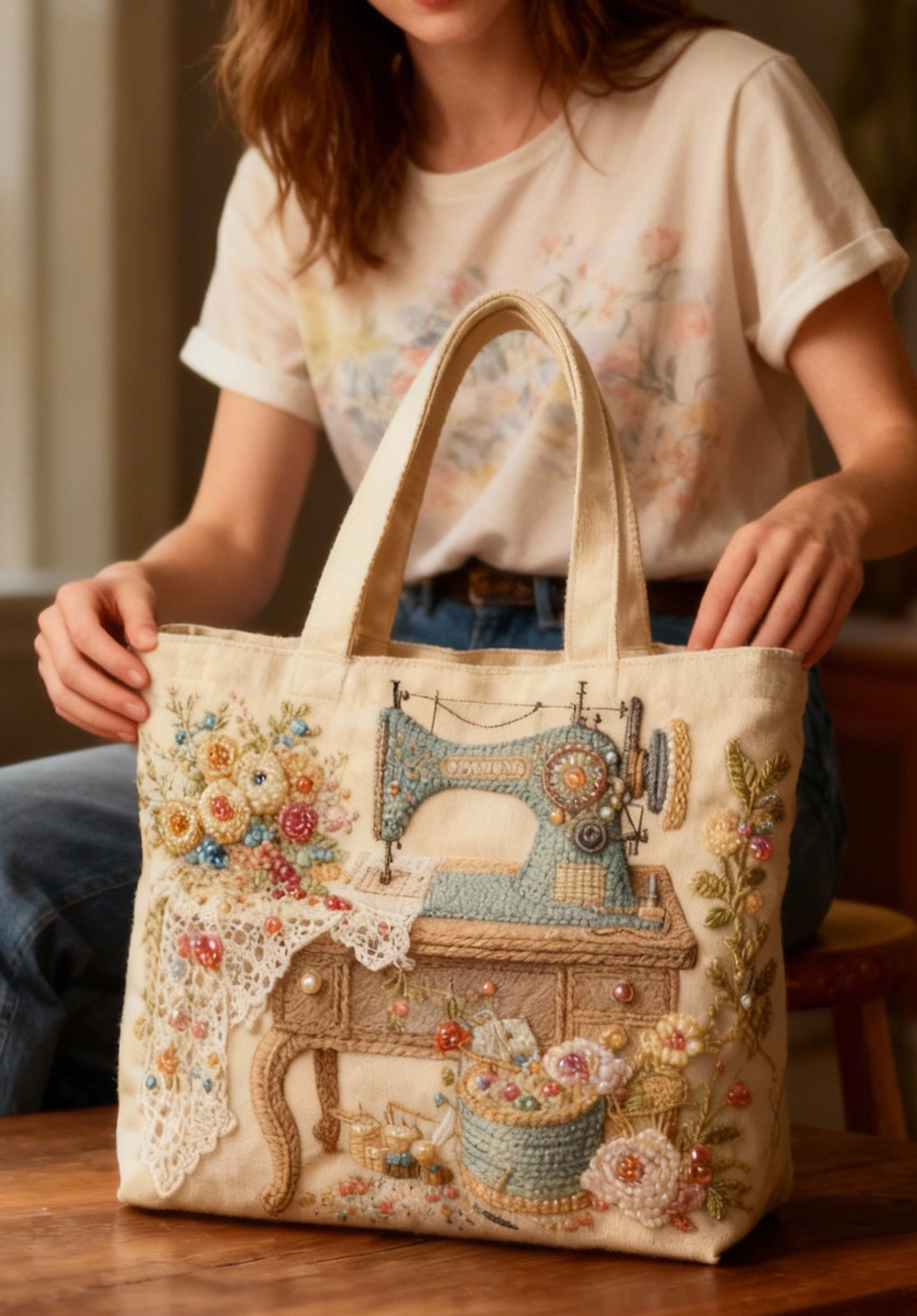 Vintage Sewing Machine Floral Lace Beaded 3D Embroidery Canvas Tote Bag