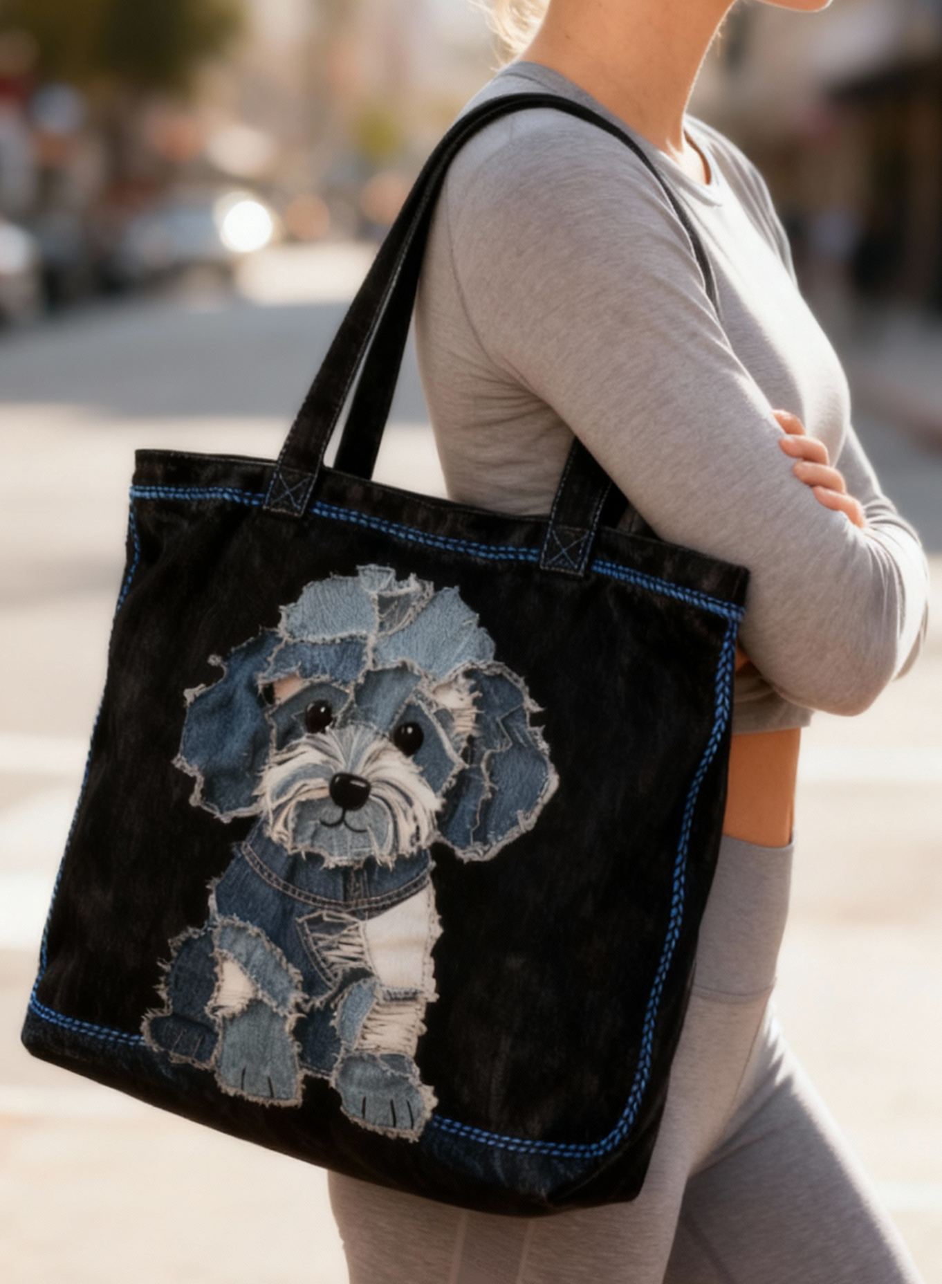 Cute Puppy 3D Embroidery Denim Patchwork Tote Bag