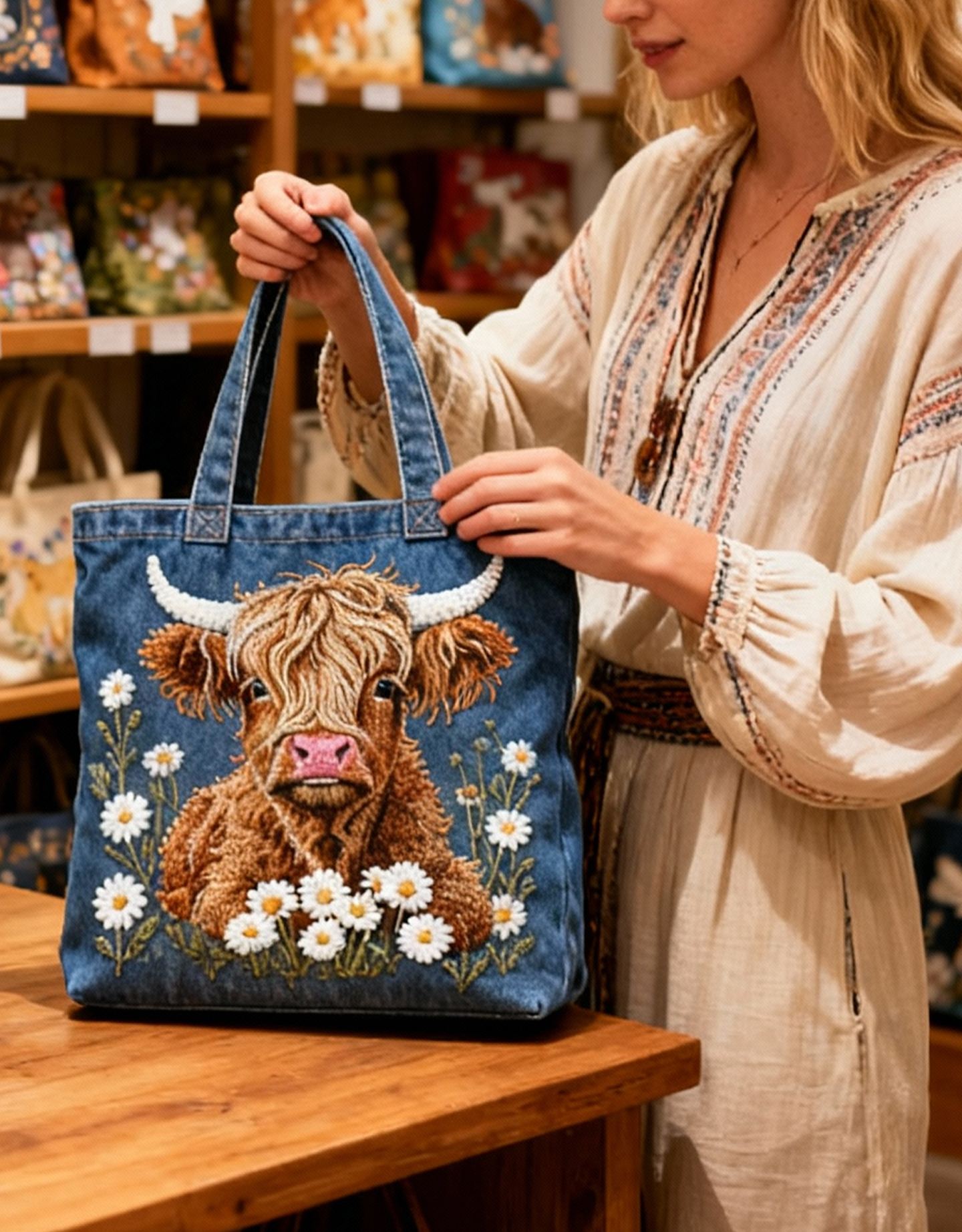 Highland Cow & Daisy 3D Embroidery Denim Tote Bag 