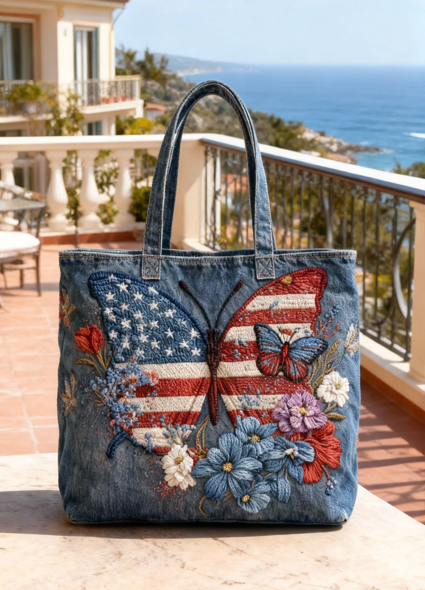 Patriotic American Flag Butterfly 3D Embroidery Denim Tote Bag