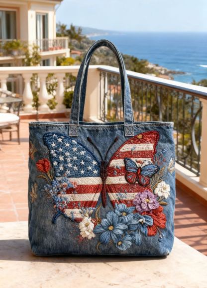 Patriotic American Flag Butterfly 3D Embroidery Denim Tote Bag