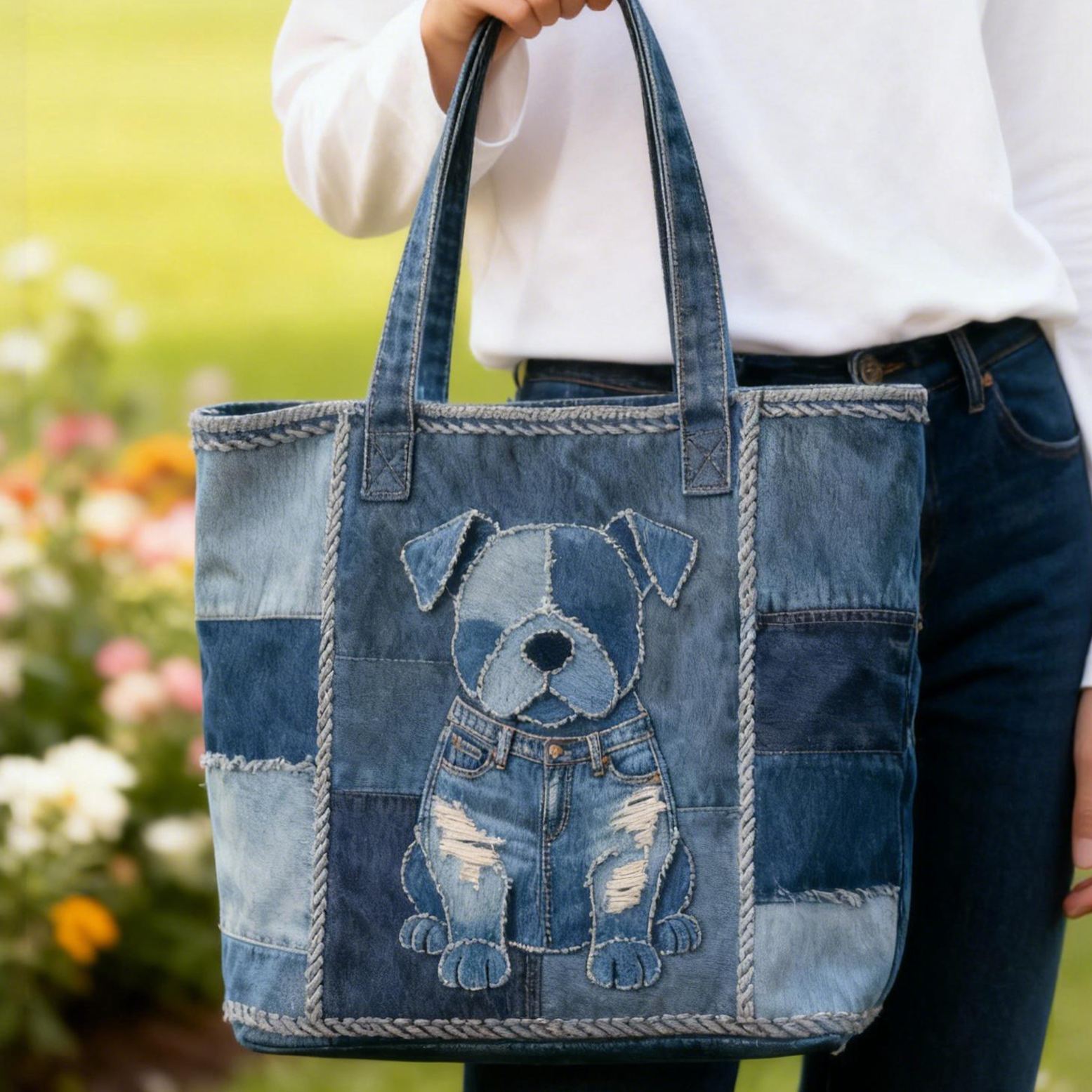 Vintage Bulldog 3D Embroidery Patchwork Denim Tote Bag