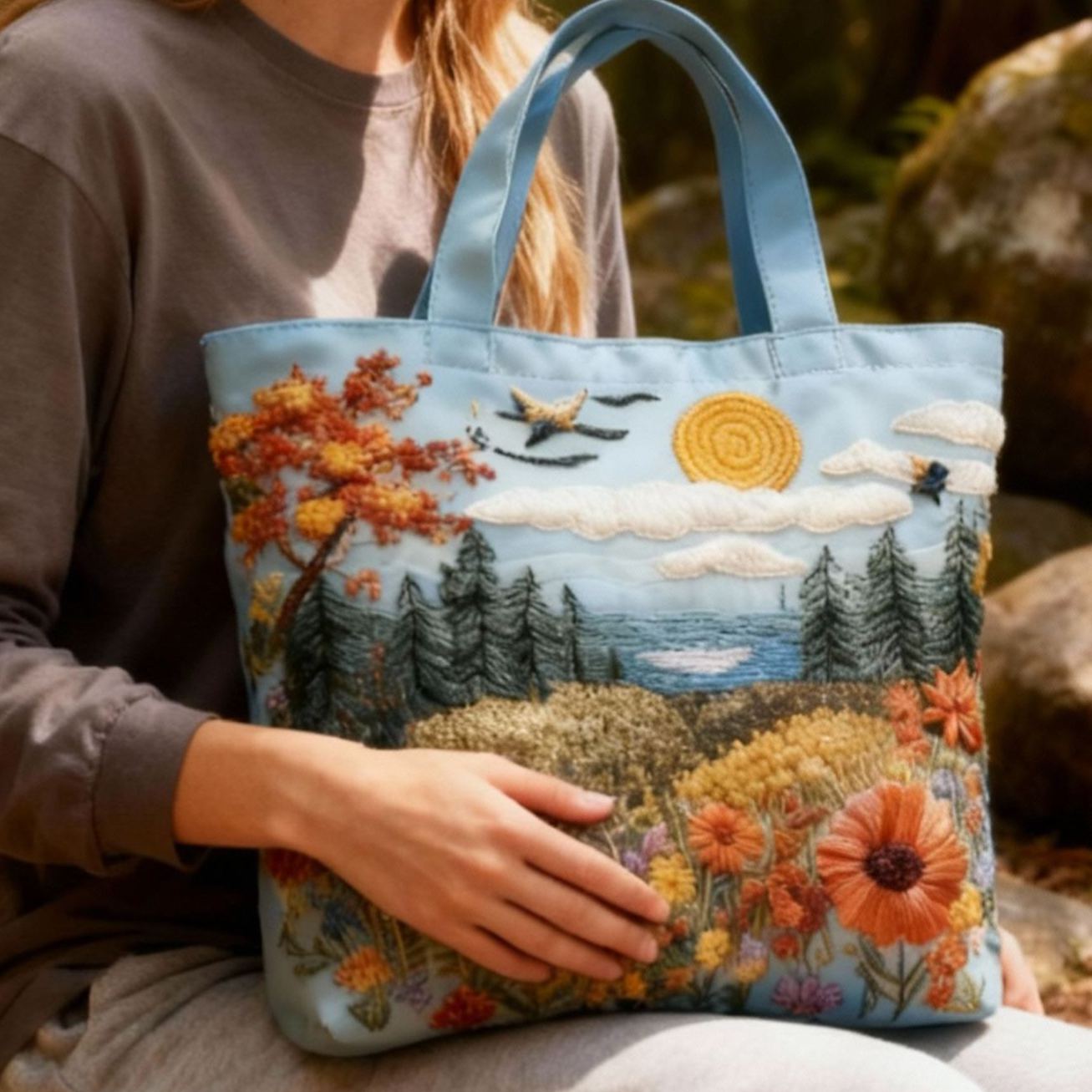 Forest Landscape 3D Embroidery Canvas Tote Bag 
