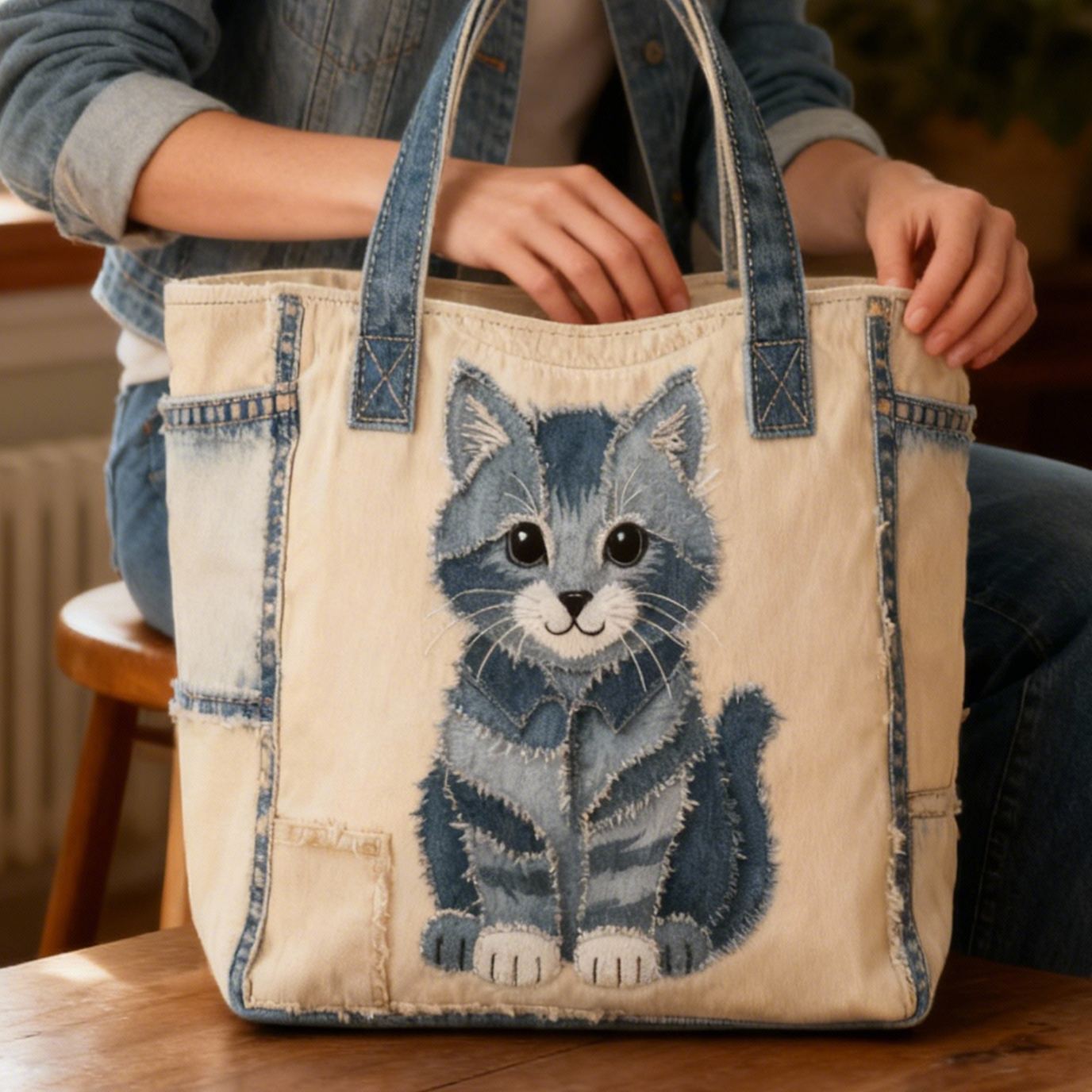 Cute Blue Gray Cat 3D Embroidery Denim Patchwork Tote Bag