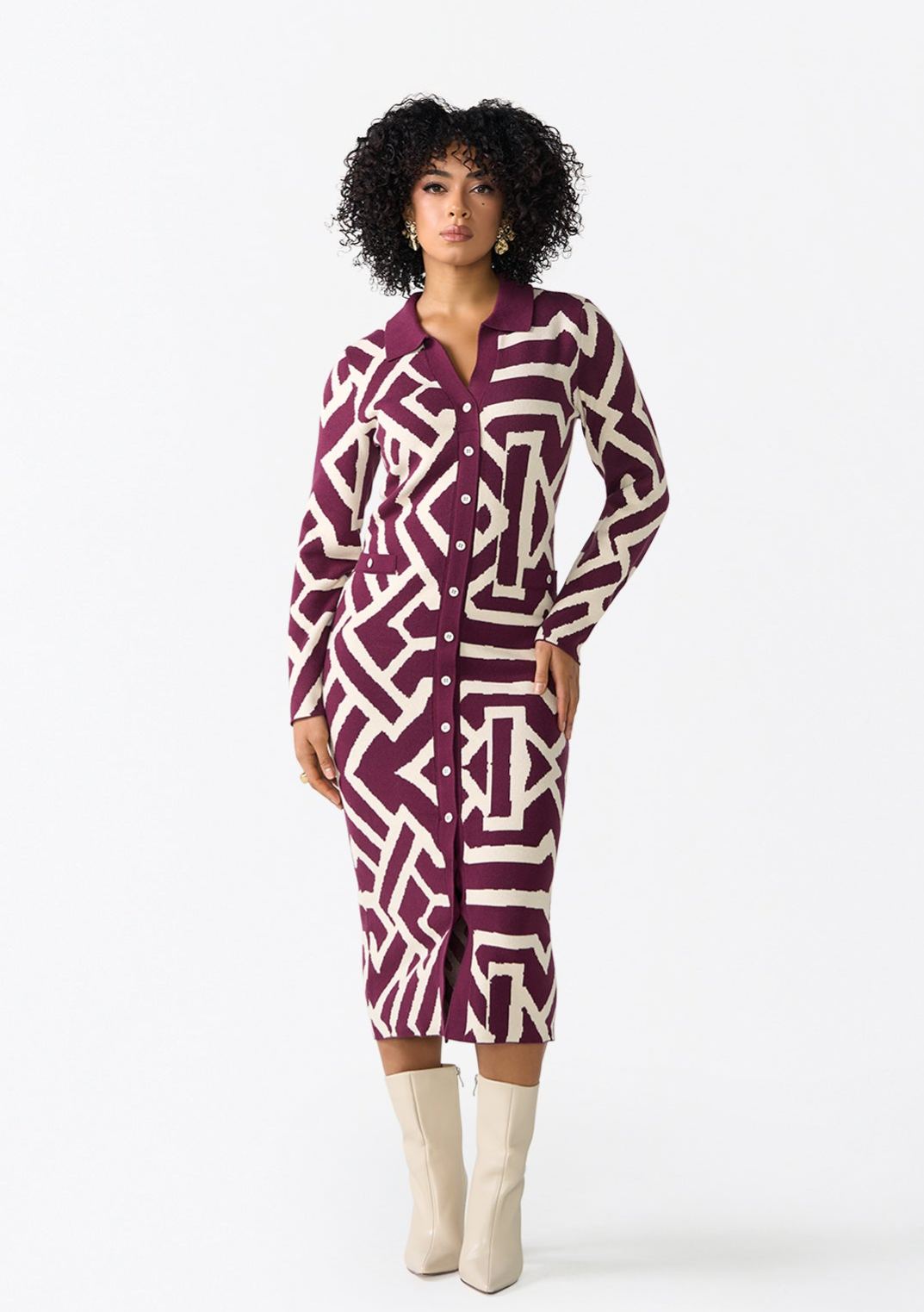 Fawzia Women's African Print Button-Up Sweater Dress (Cream Berry Tribal)