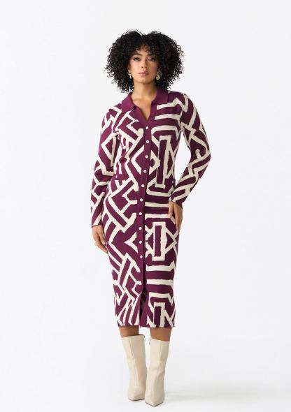 Fawzia Women's African Print Button-Up Sweater Dress (Cream Berry Tribal)