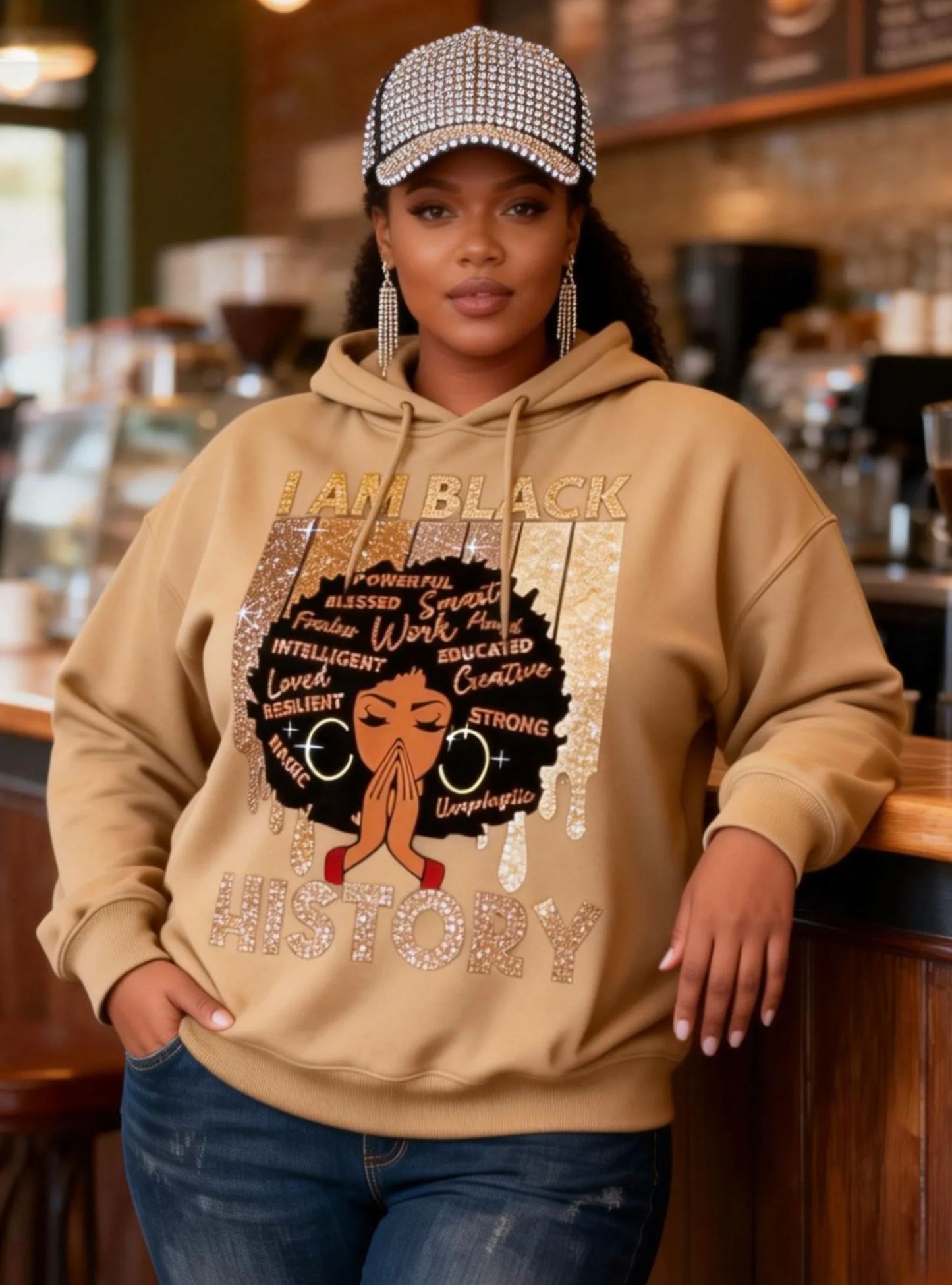 “I Am Black History” Glitter Graphic Long Sleeve Hoodie