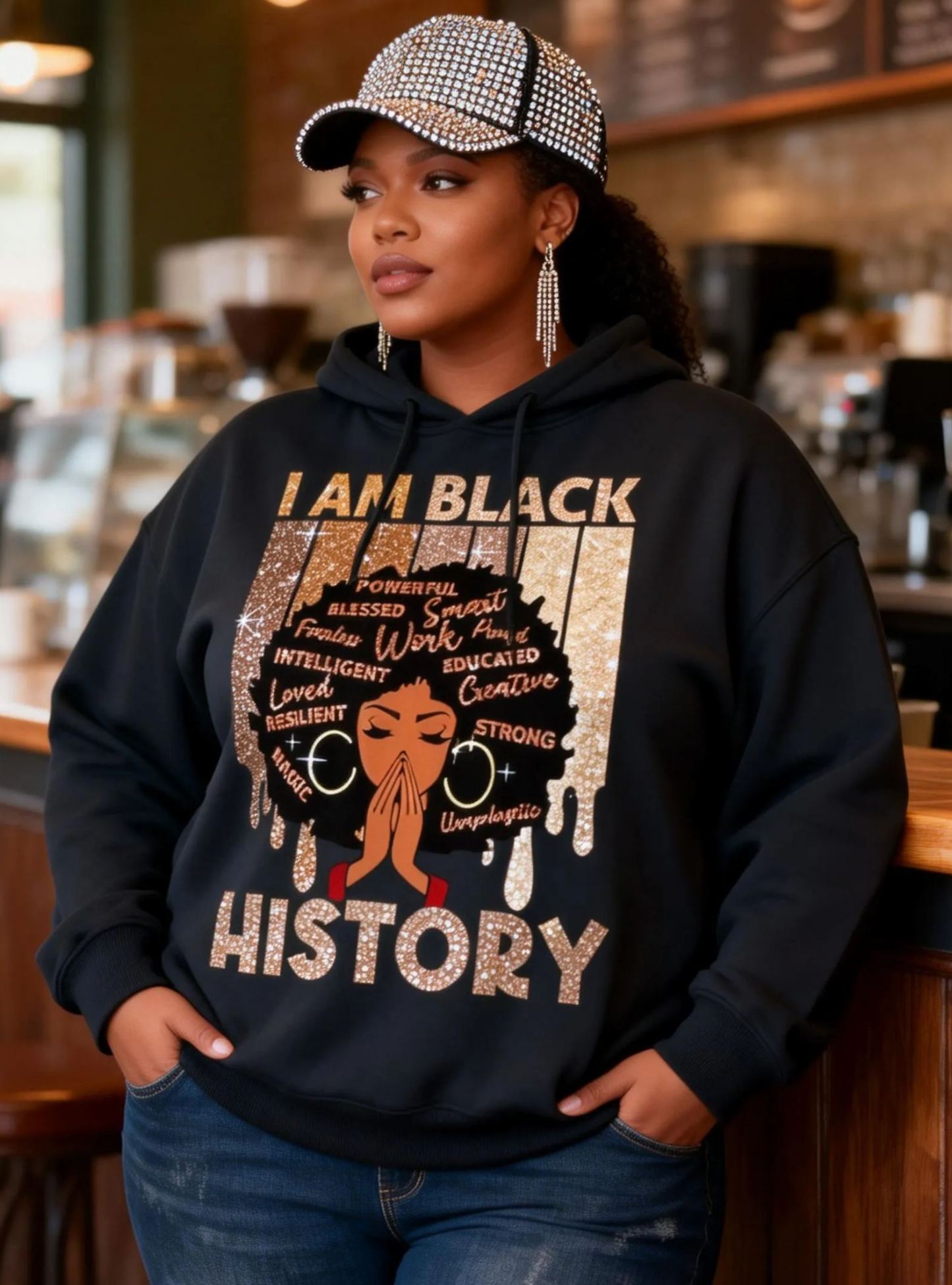 “I Am Black History” Glitter Graphic Long Sleeve Hoodie