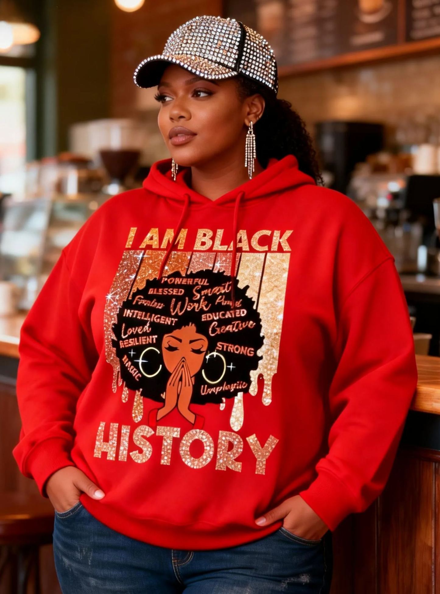 “I Am Black History” Glitter Graphic Long Sleeve Hoodie