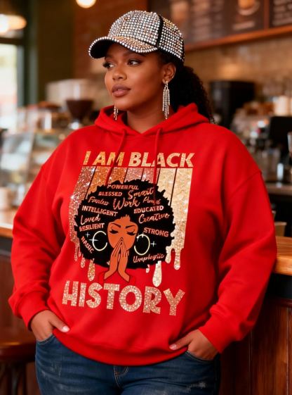 “I Am Black History” Glitter Graphic Long Sleeve Hoodie