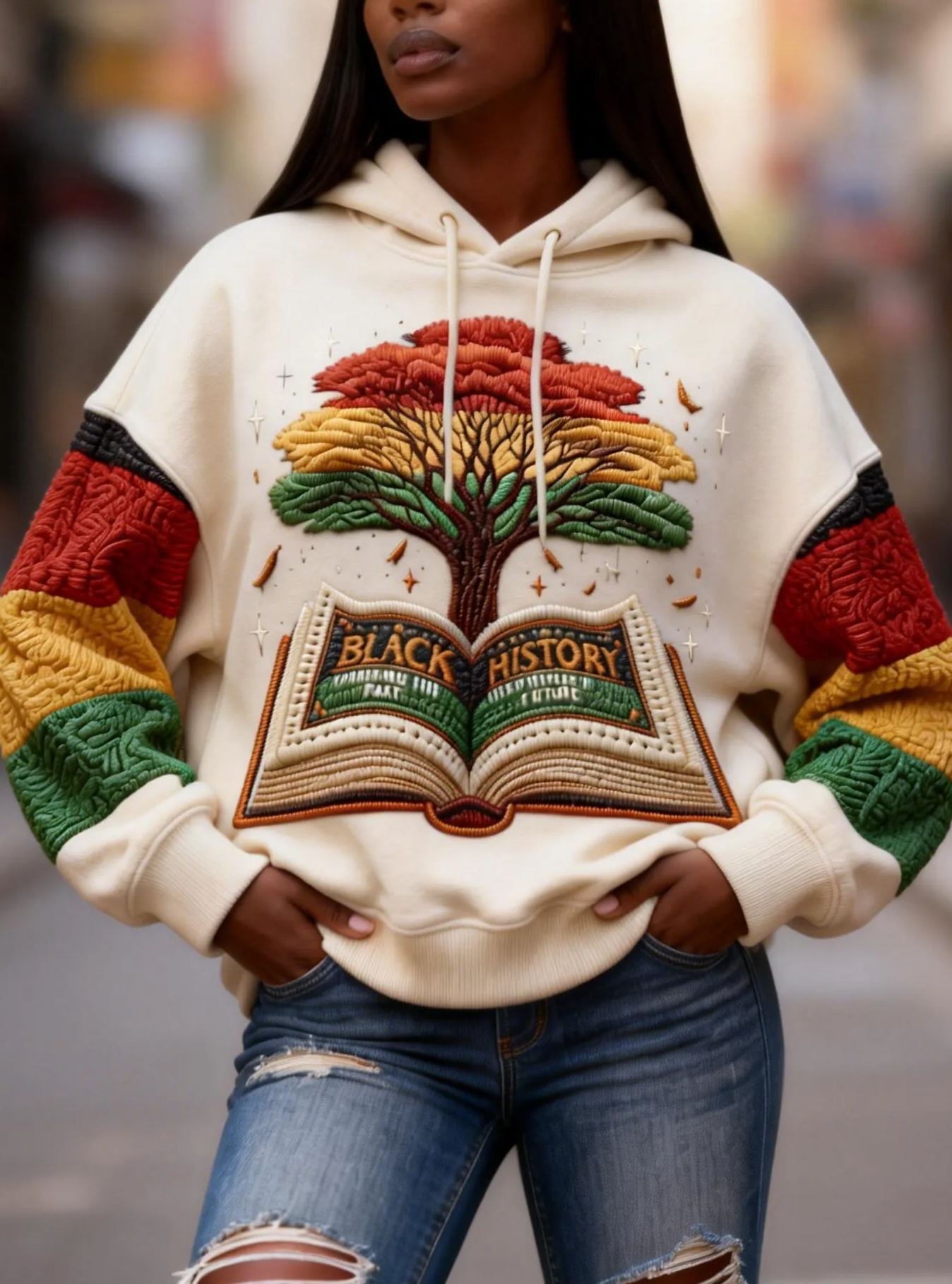 Black History Tree & Book Embroidered Kente Color Block Long Sleeve Hoodie