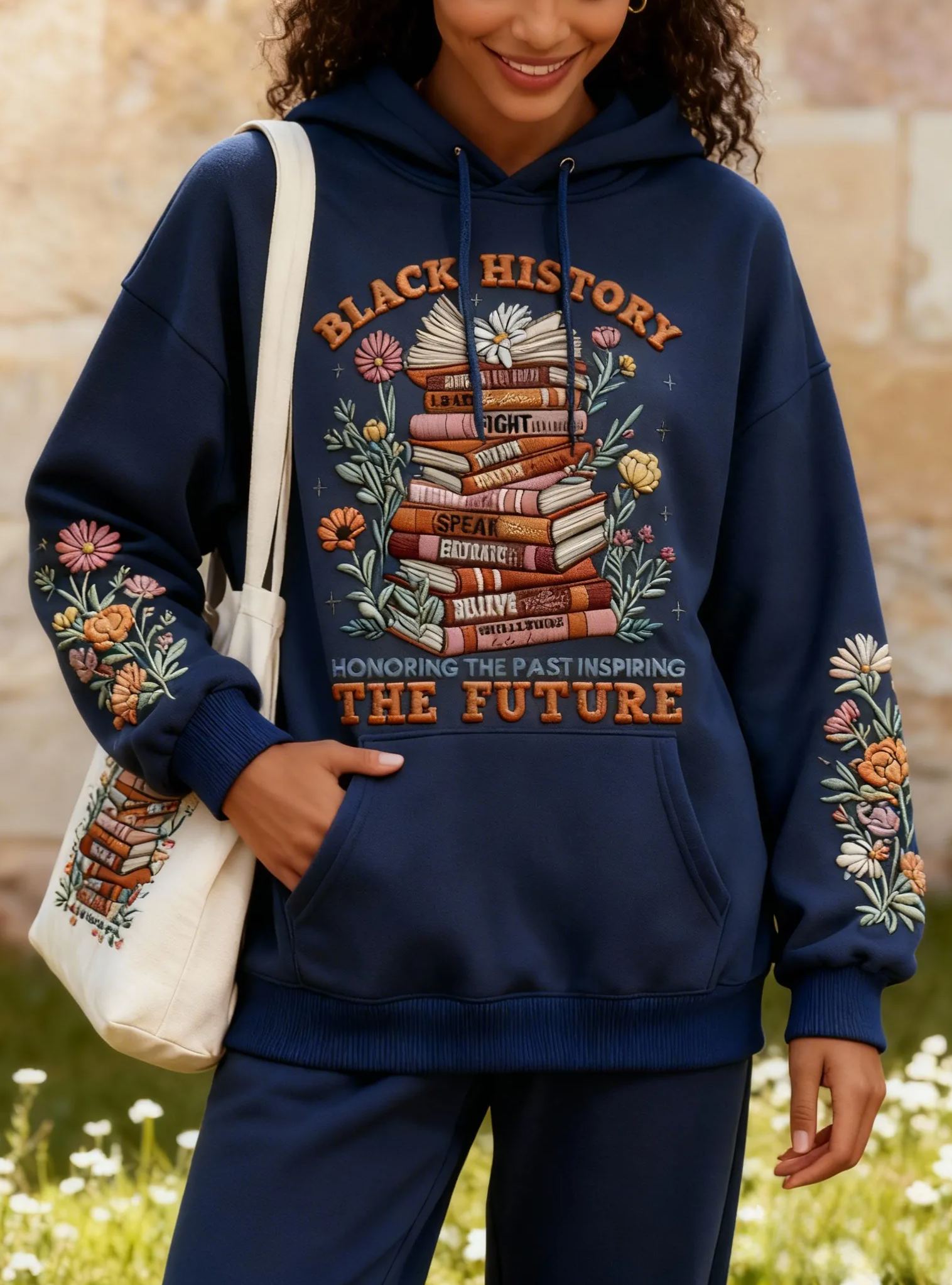 Black History Book Floral Embroidered Oversized Hoodie