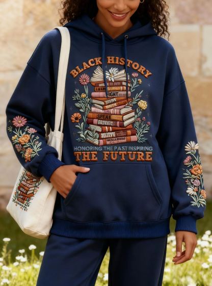 Black History Book Floral Embroidered Oversized Hoodie