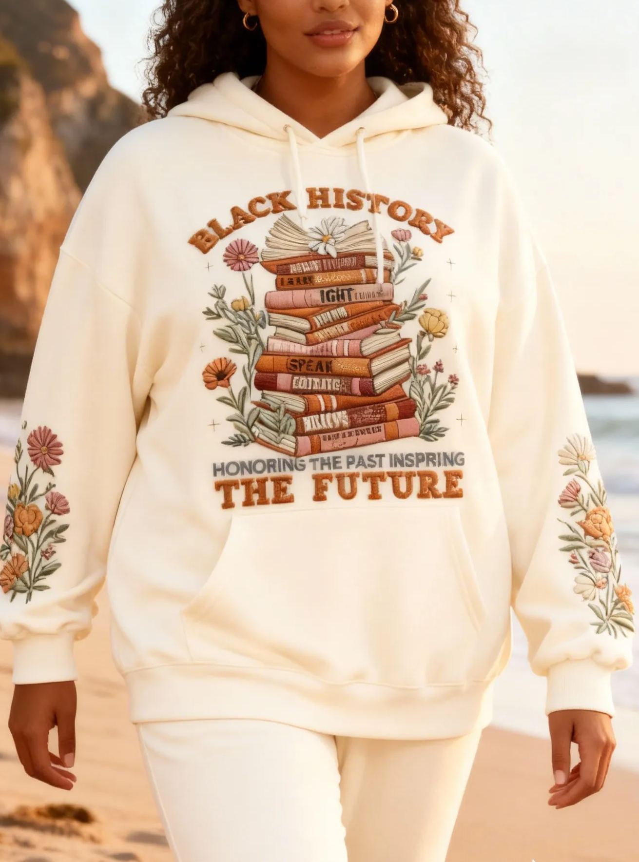 Black History Book Floral Embroidered Oversized Hoodie