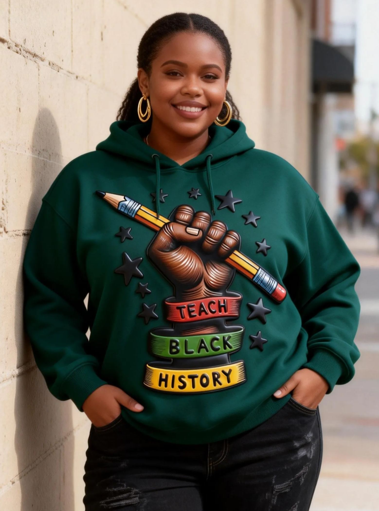 Teach Black History Graphic Puff Print Oversized Hoodie