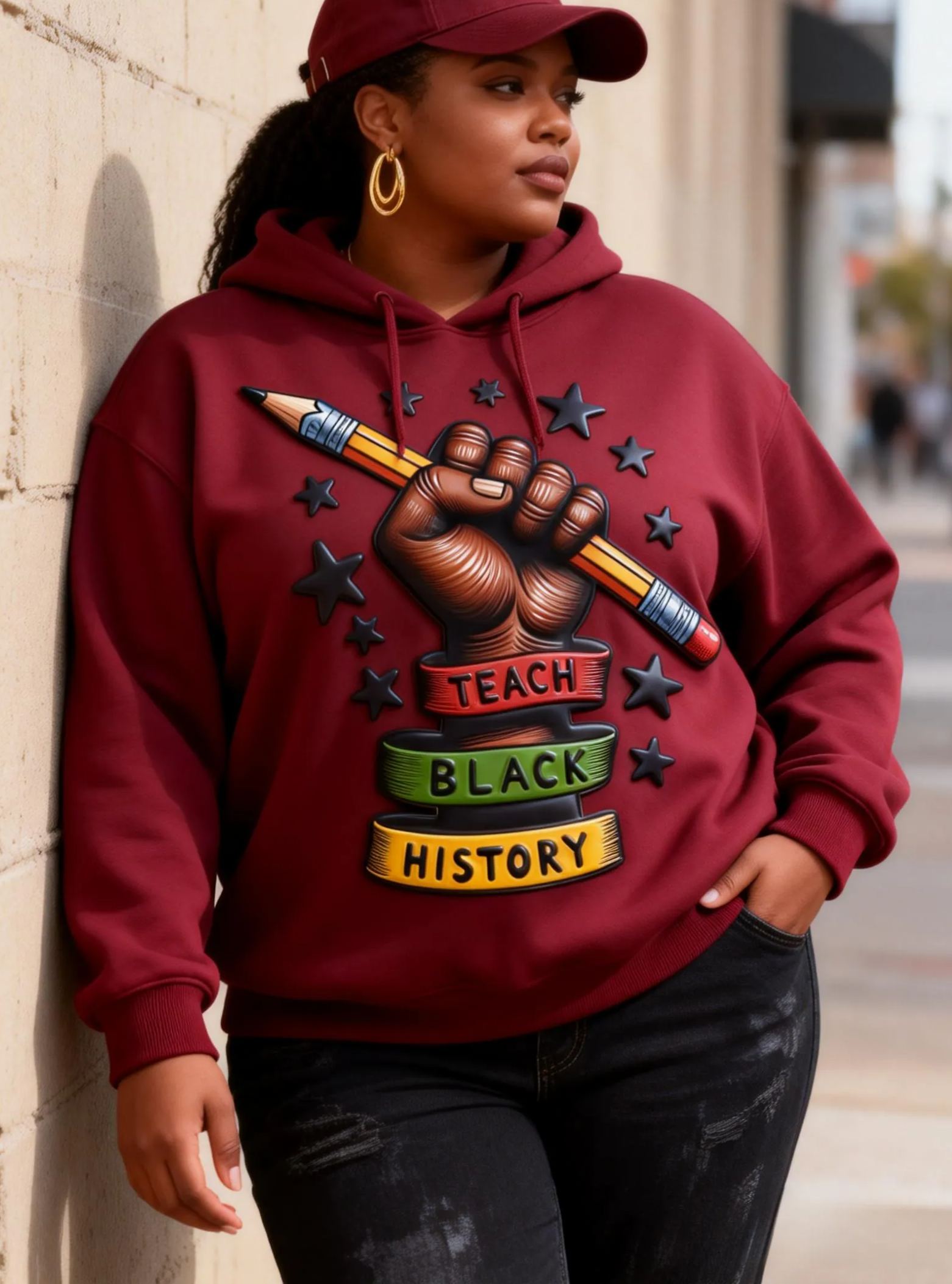Teach Black History Graphic Puff Print Oversized Hoodie