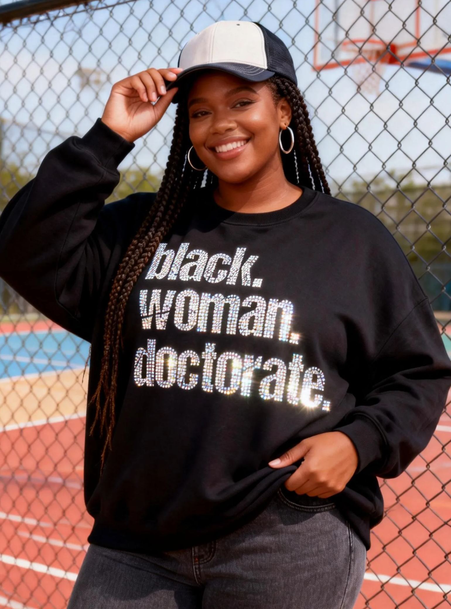 Black Woman Doctorate Rhinestone Graphic Oversized Crewneck Sweatshirt 
