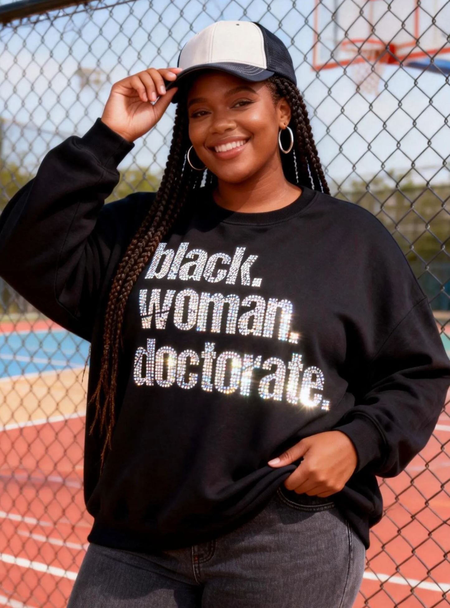 Black Woman Doctorate Rhinestone Graphic Oversized Crewneck Sweatshirt 