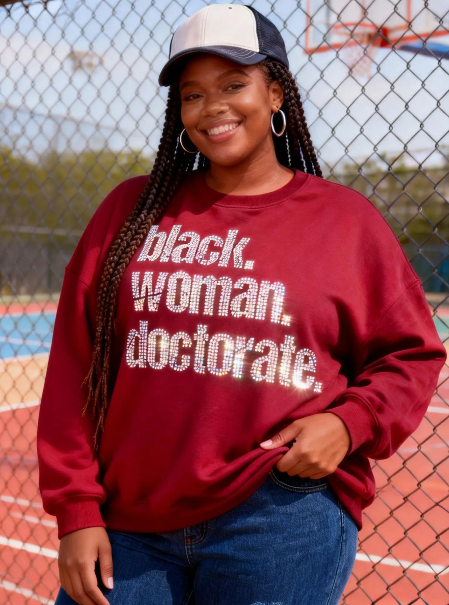 Black Woman Doctorate Rhinestone Graphic Oversized Crewneck Sweatshirt 
