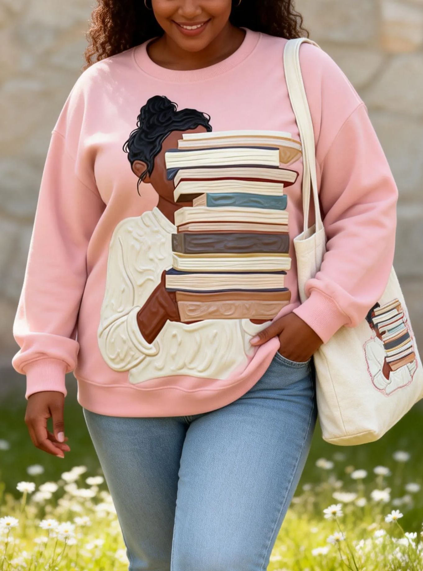 Black Woman Book Stack Graphic Oversized Crewneck Sweatshirt 