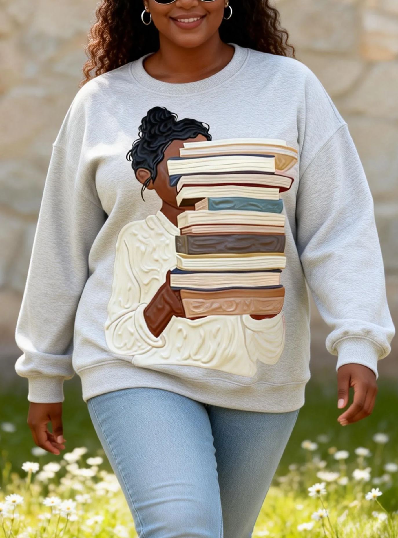 Black Woman Book Stack Graphic Oversized Crewneck Sweatshirt 