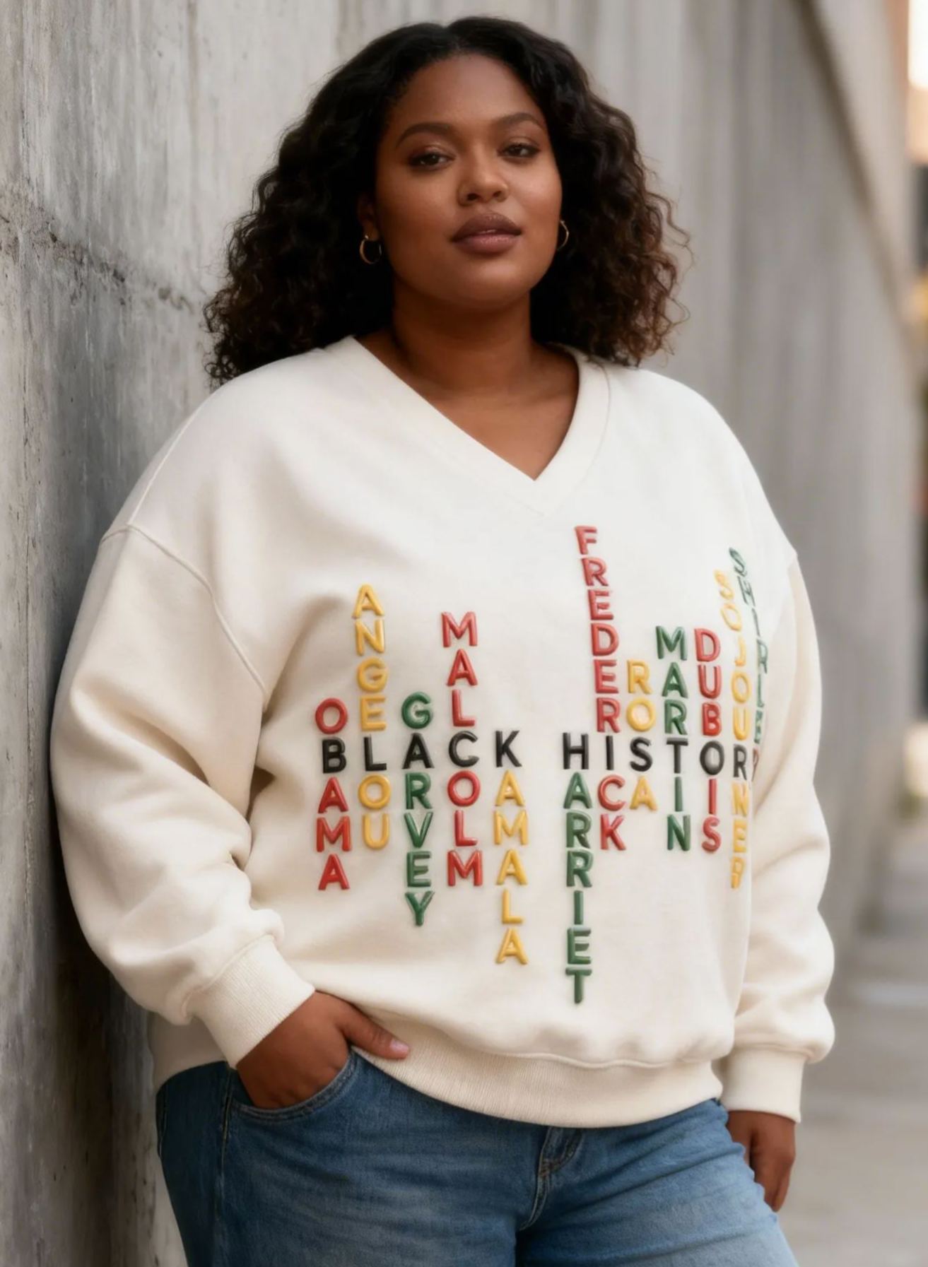 Black History Icons Names Graphic V-neck Oversized Sweatshirt