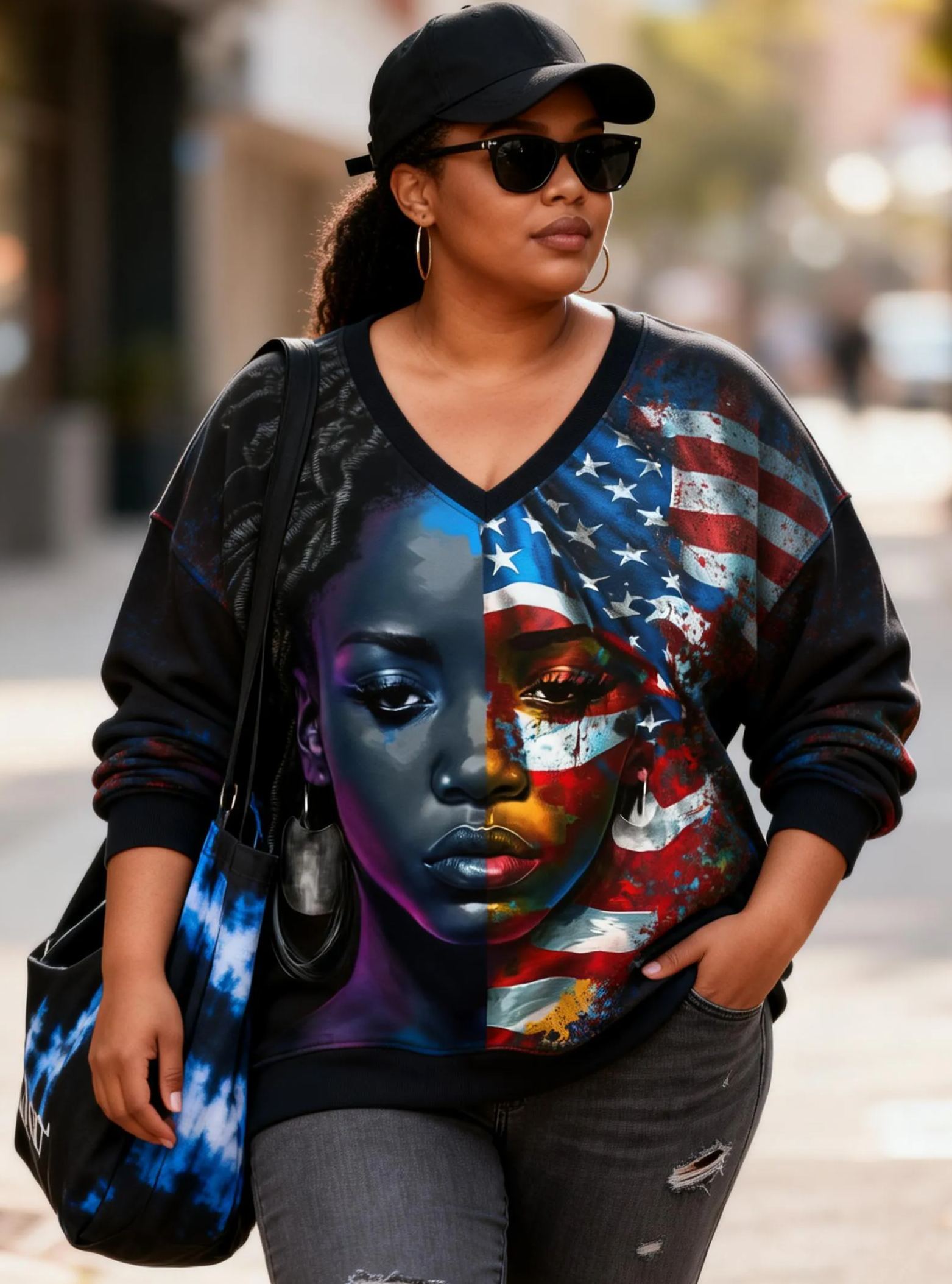 Flag Black Woman Graphic Patriotic Art Print Oversized V-Neck Sweatshirt 